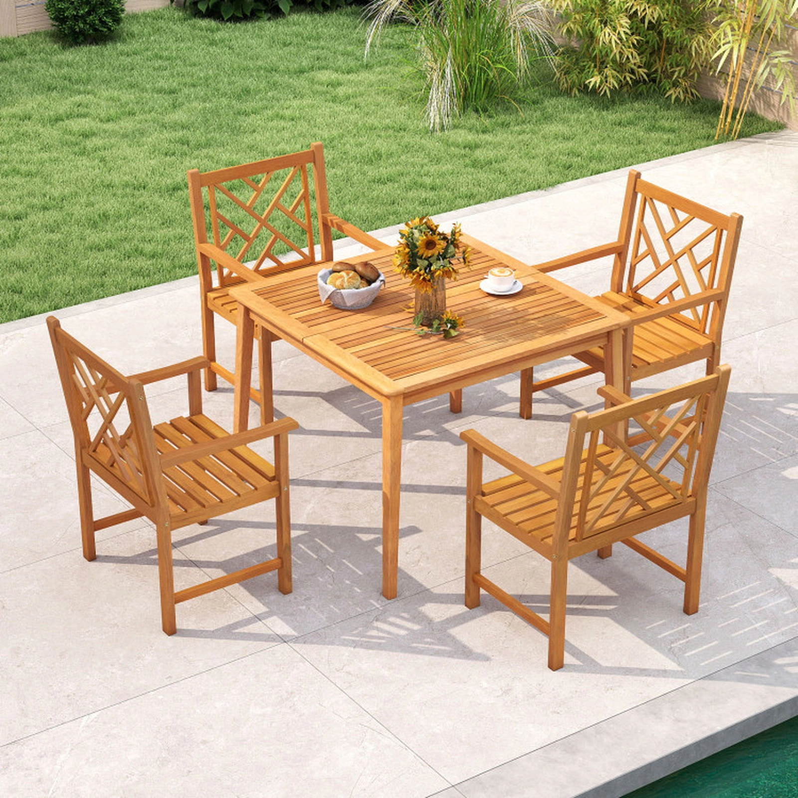 SUGIFT 5-Piece Acacia Wood Patio Dining Set, Square Table, 4 Slatted Chairs, Umbrella Hole