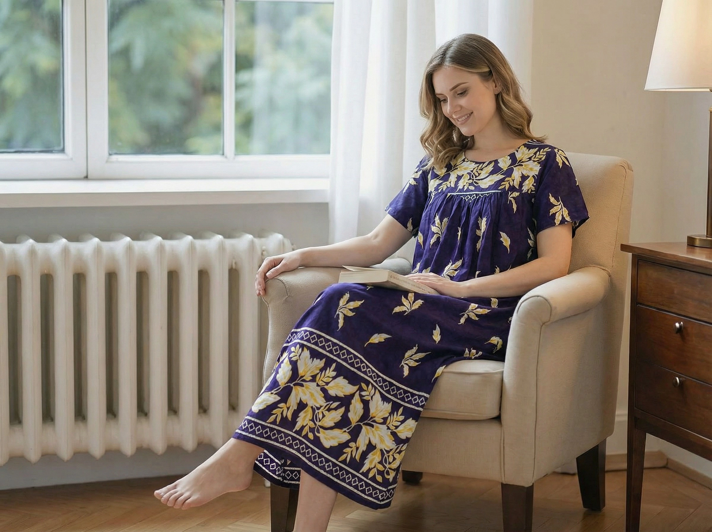 Loungees Border Print Cotton Lounge Dress House Caftan Sweetheart Neck Yoke Short Sleeve