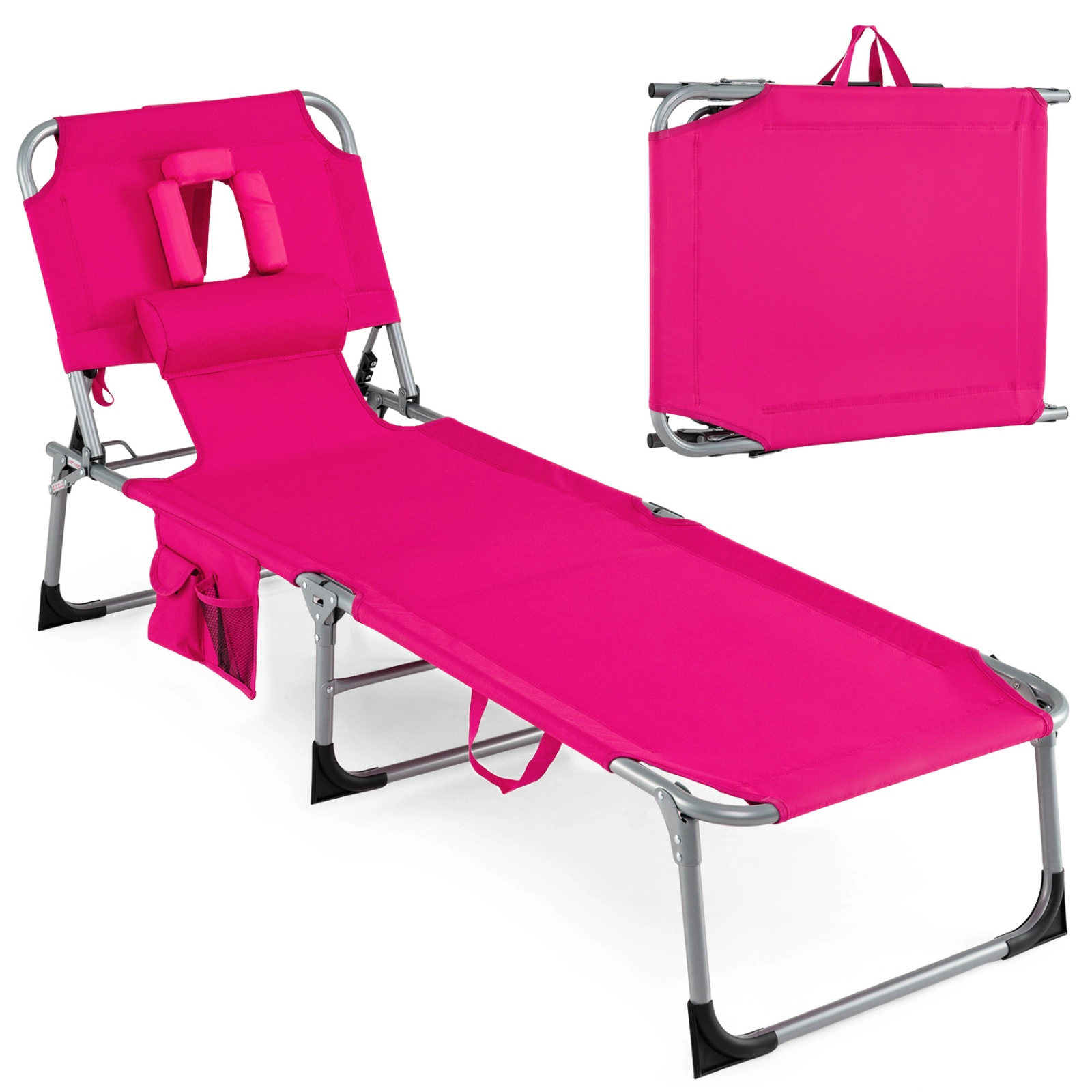 SUGIFT Face and Arm Slots Carry Strap and Storage Pockets 330-lb Pink Folding Tanning Chair