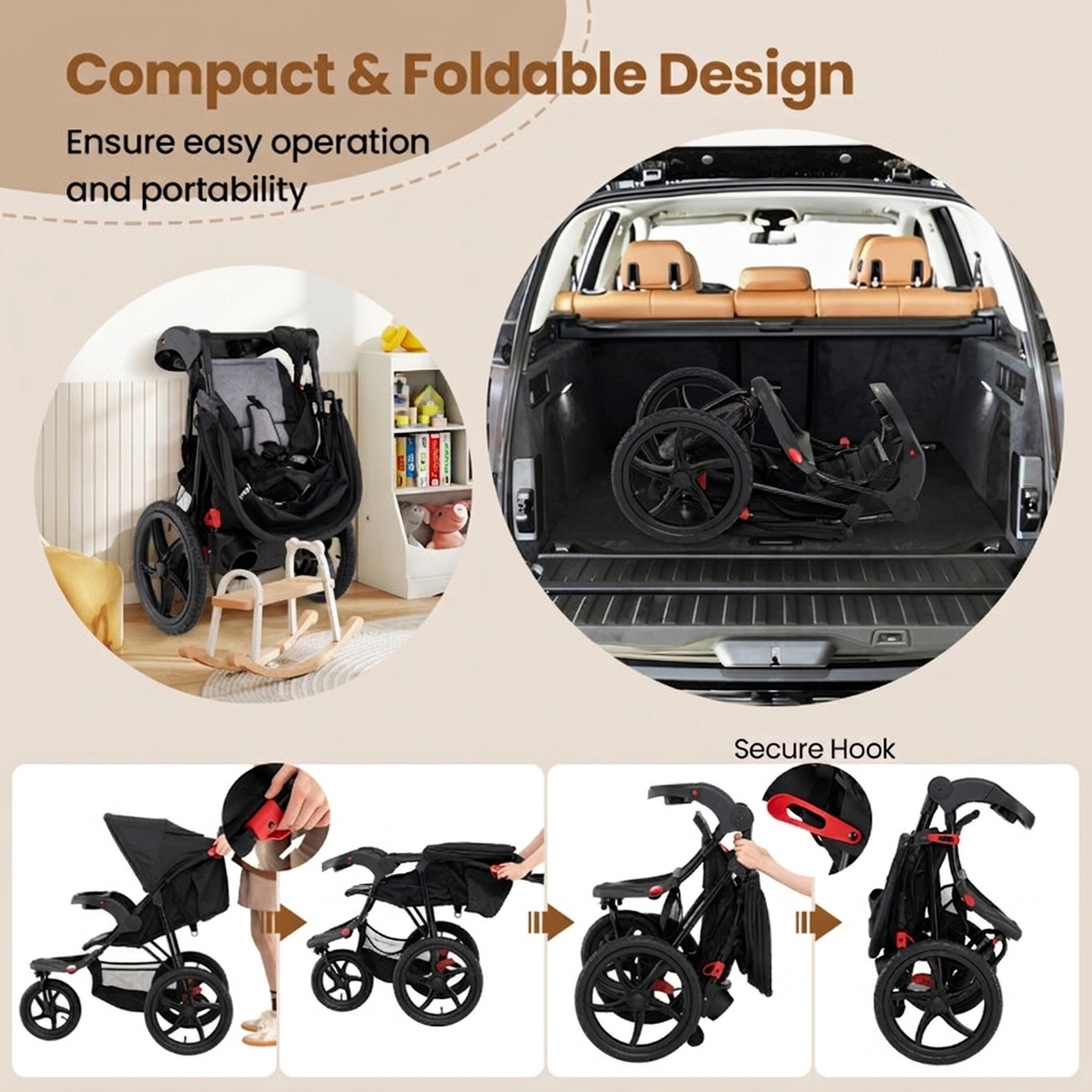 SUGIFT Black 33-lb Capacity 15.5-in Air-Filled Tire Foldable Jogging Stroller with Detachable Trays