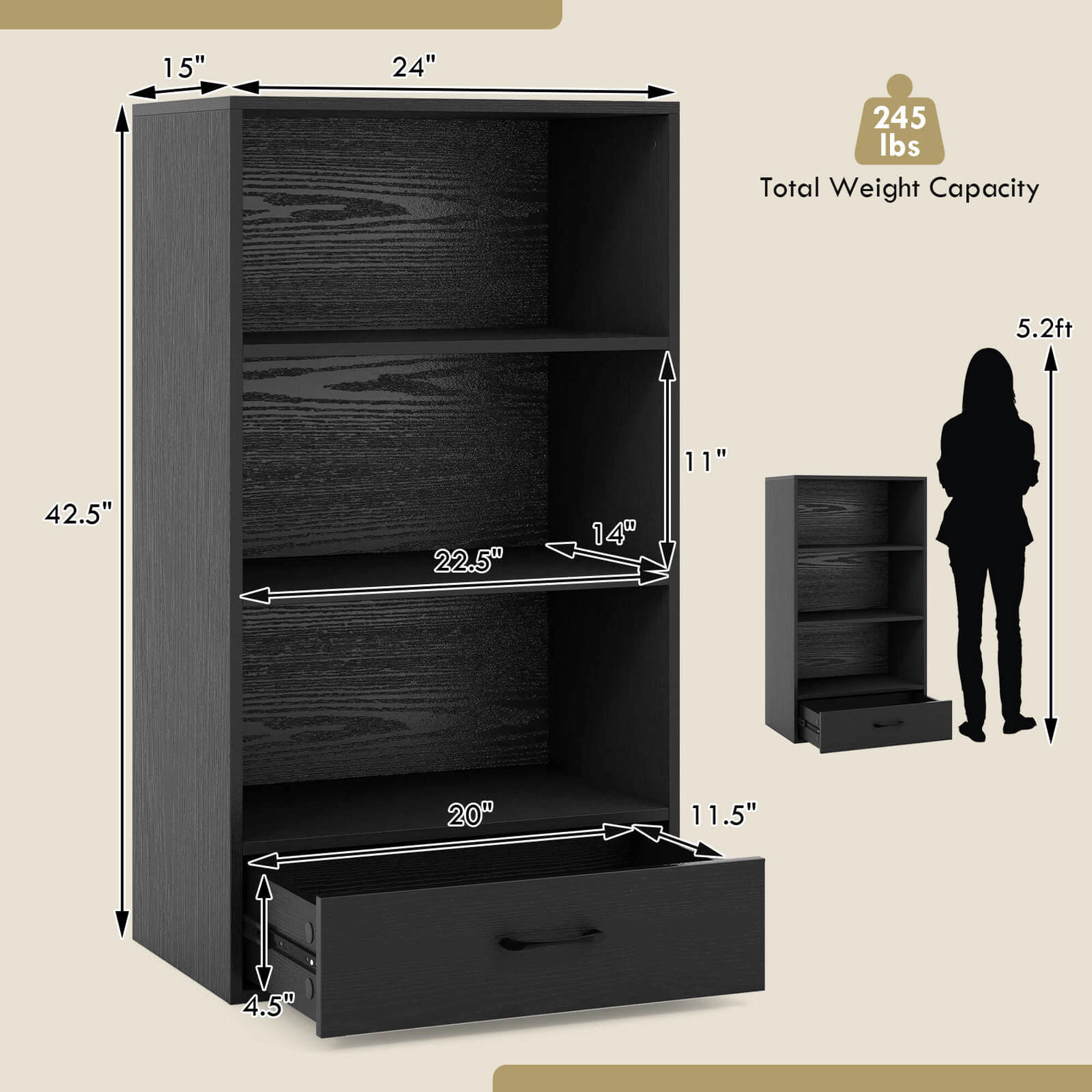 Costway 42'' Tall 4-tier Storage Shelf Wood Bookcase with Drawer Home Organizer Display Rack Black