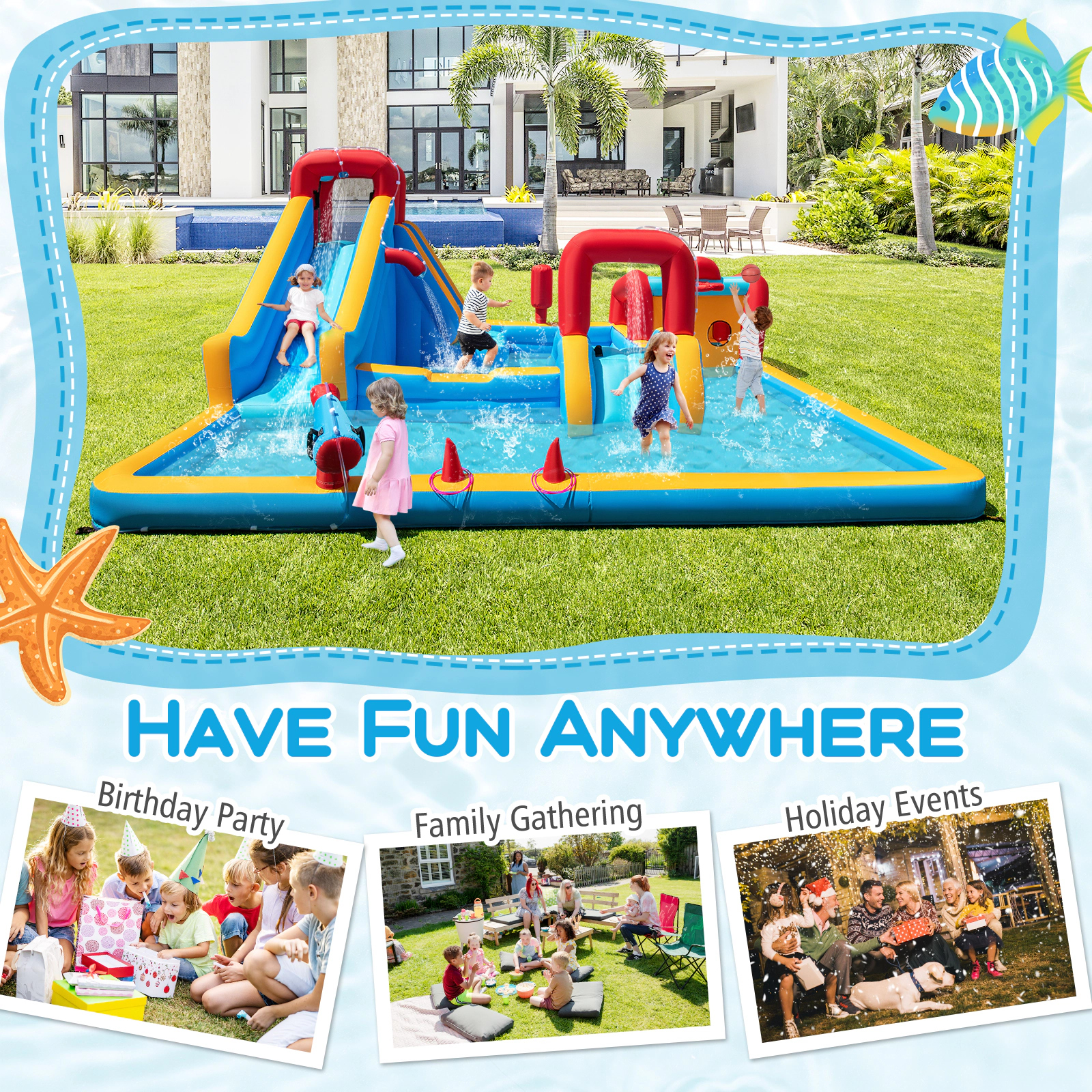 SUGIFT Kids Multicolor 9-in-1 Water Slide Park with Climbing Wall and 750W Blower 177-in W 330-lb Total Capacity