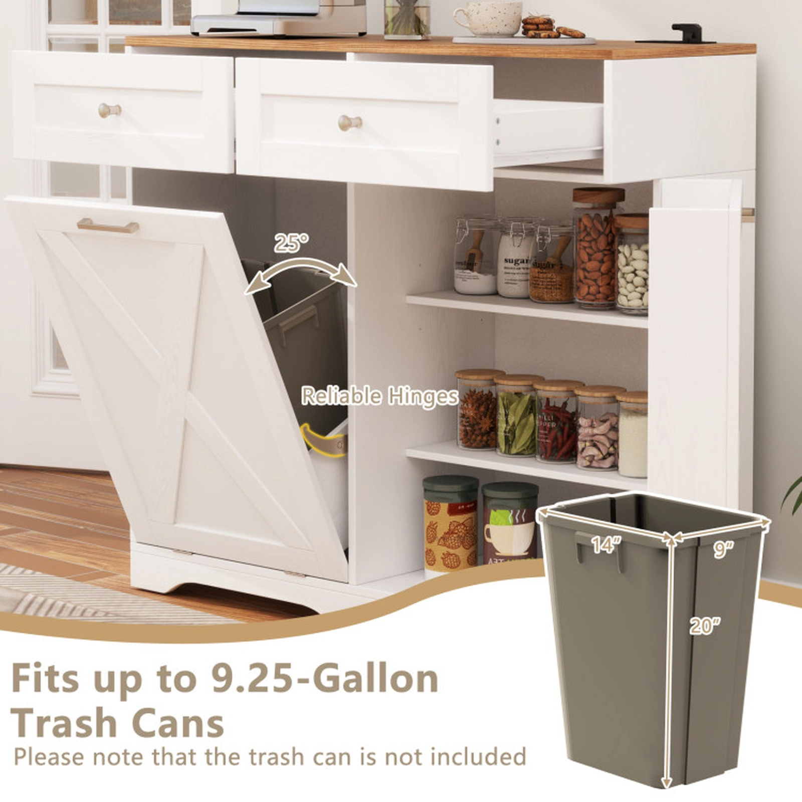 SUGIFT Tilt Out Trash Can Cabinet Sideboard with Power Outlets and Shelf 100-lb Countertop 35-lb Trash Can Holder