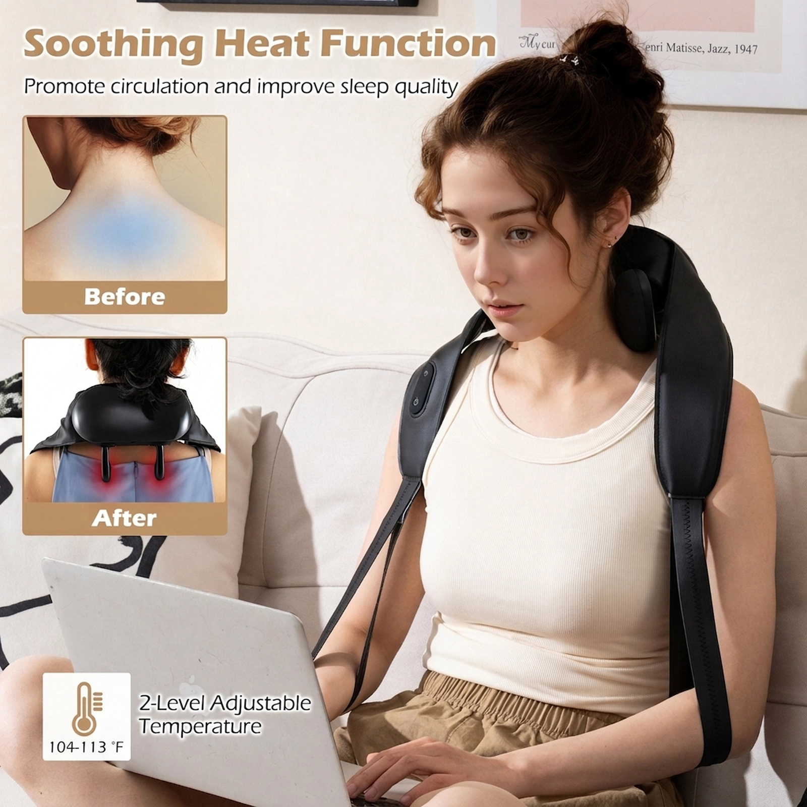 SUGIFT Shiatsu Neck Shoulder Massager with Pulling Handles 2 Heat Levels and Auto Shutoff Cordless Design Beige/Black