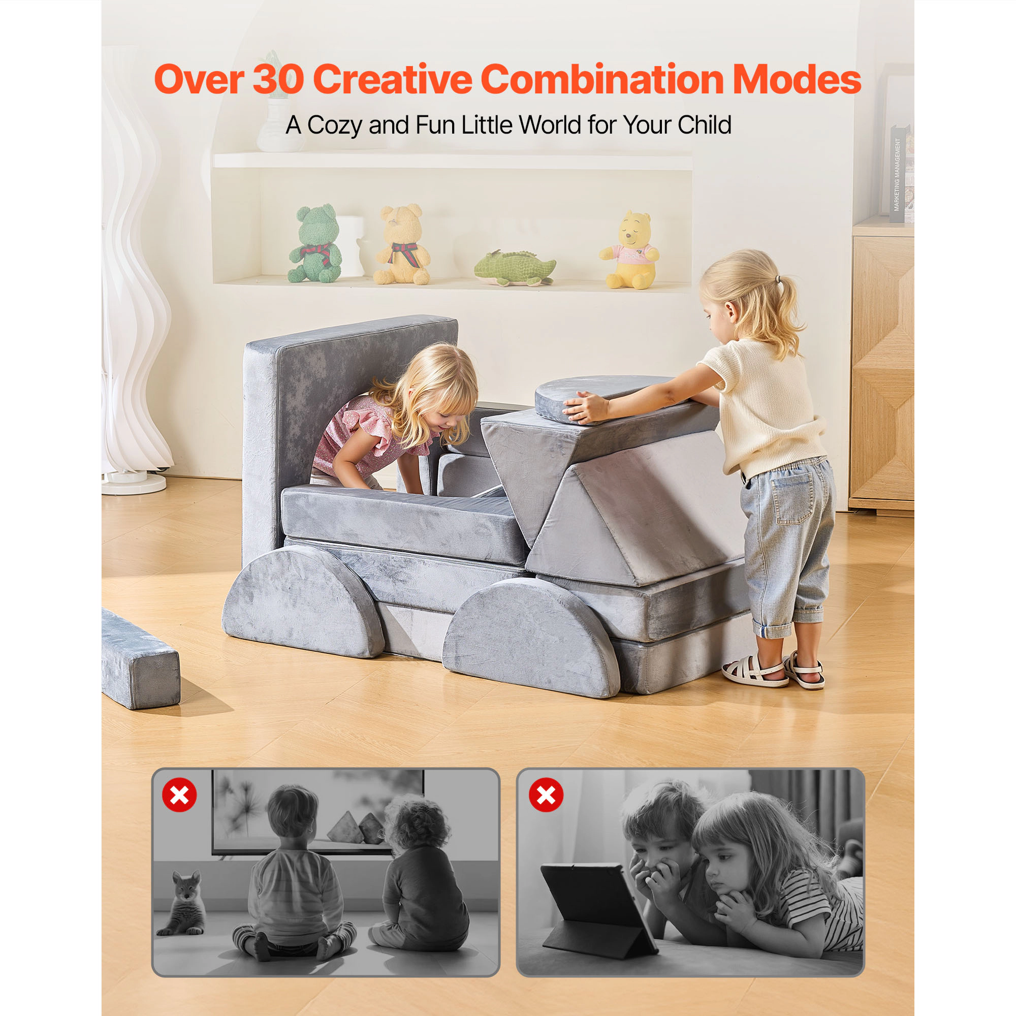 HONGGE Modular Kids Play Couch Sectional Toddler Sofa with Armrests 28D Sponge & Short Pile Convertible Kids Modular