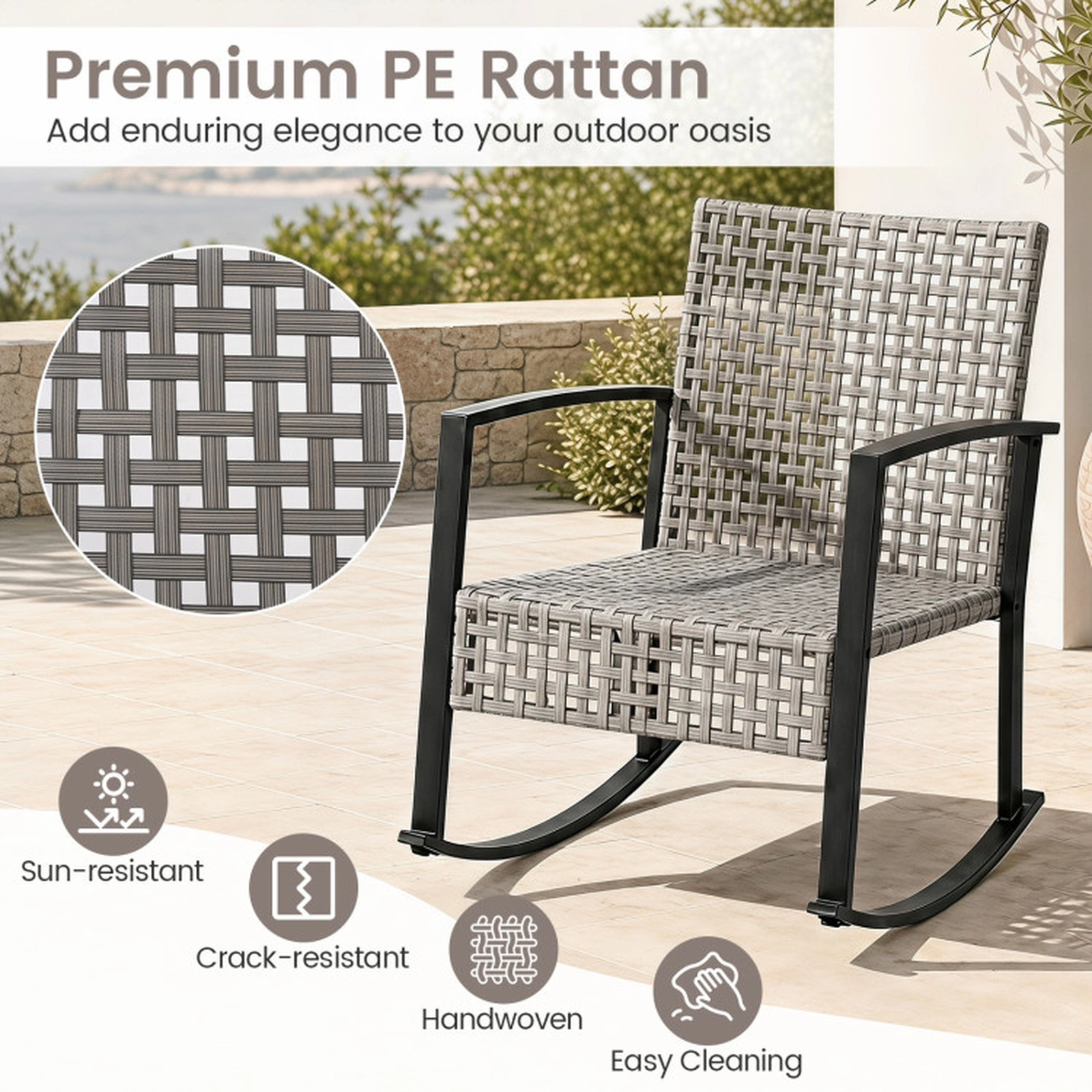 SUGIFT 3-Piece Gray Patio Rocking Chair Set with 2-Tier Glass-Top Table