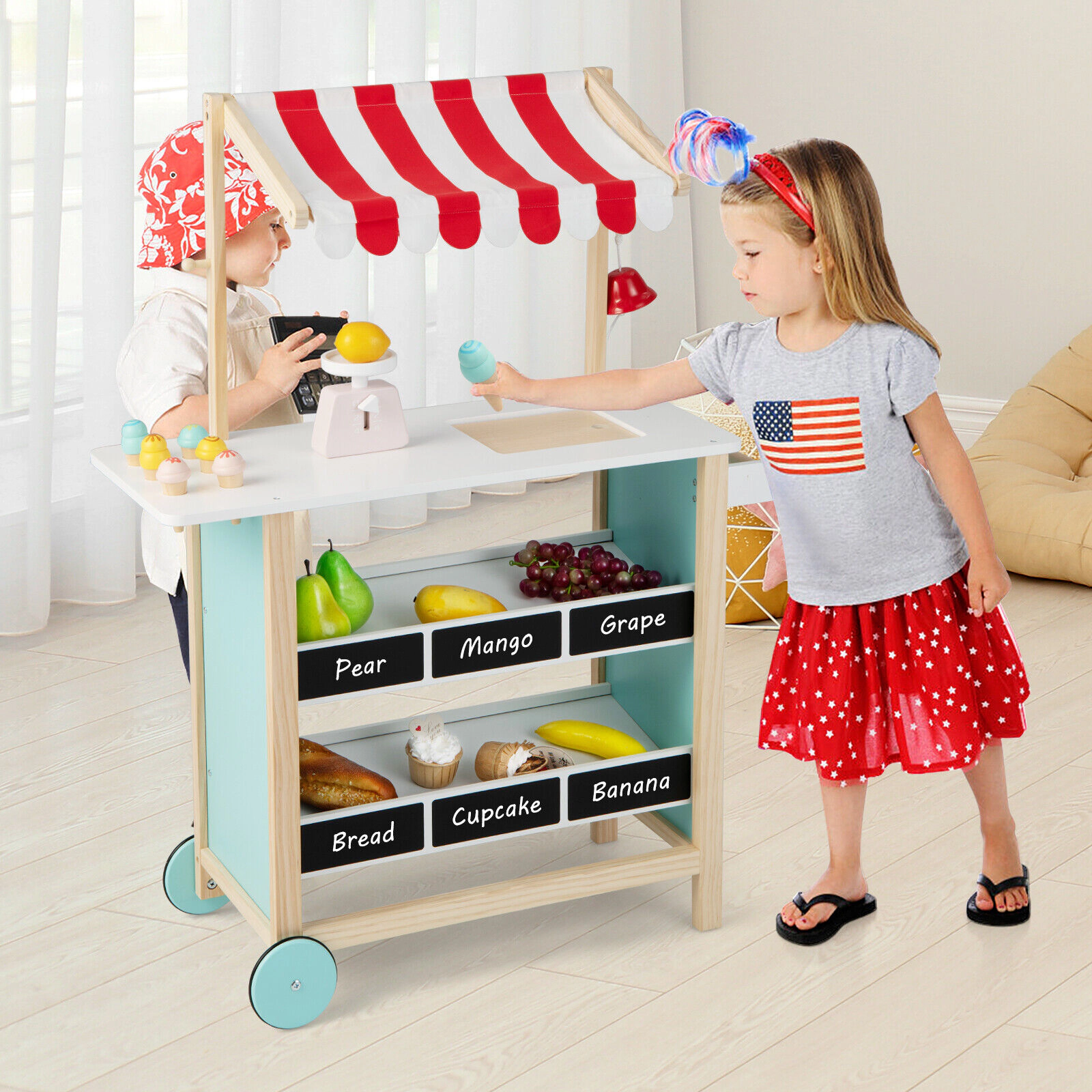 SUGIFT Red Chalkboard and Storage Shelves Kids Wooden Ice Cream Cart