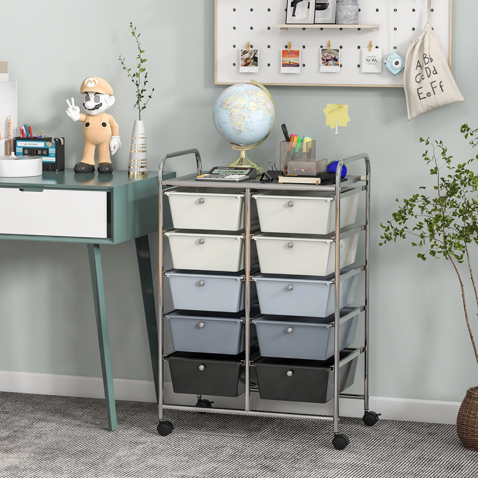 SUGIFT 10-Drawer Rolling Storage Cart with Mesh Top 22-lb Platform Capacity 5.5-lb Drawer Capacity Beige & Gray