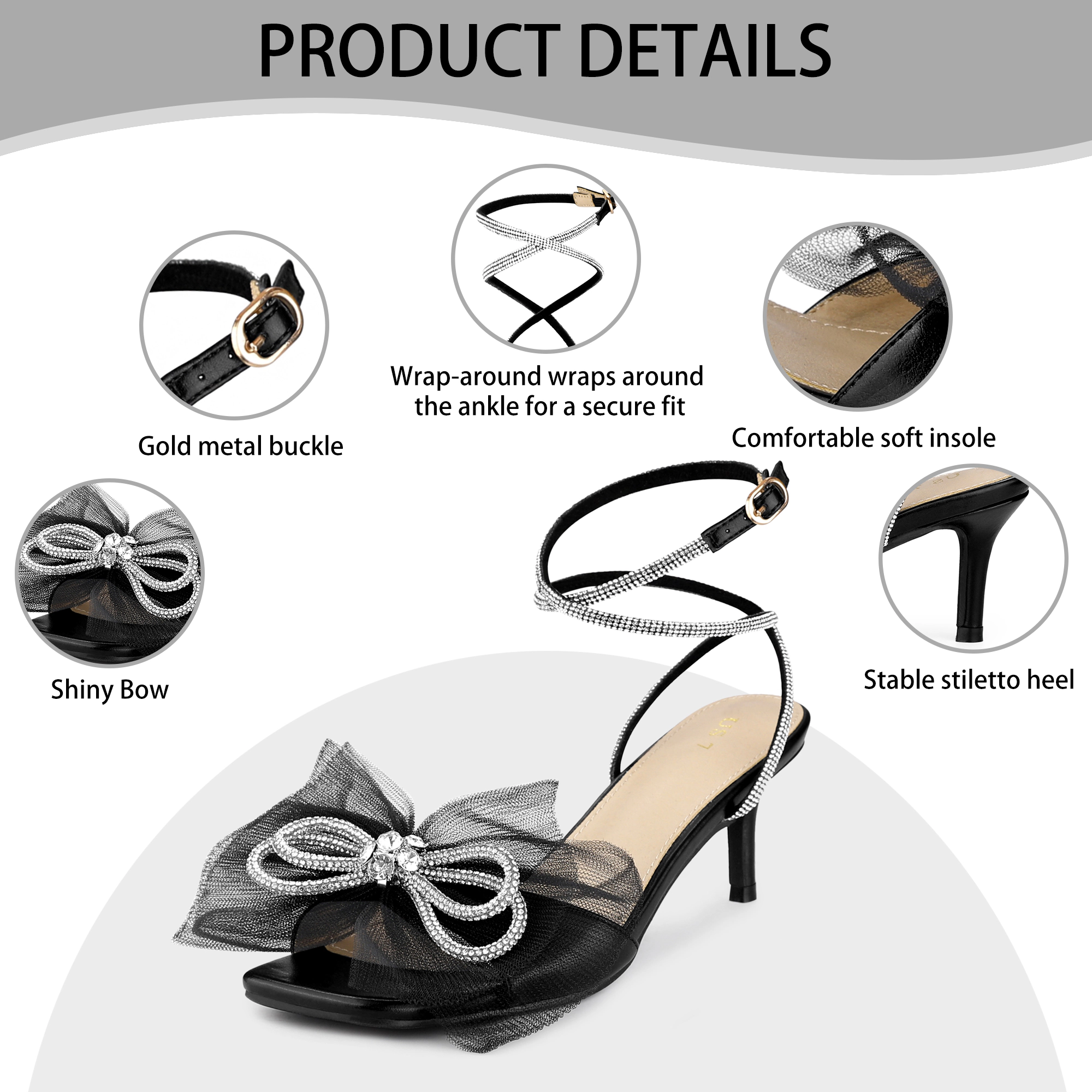 BLISSFUL STEP Women's Sparkly Bow Rhinestone Open Toe Kitten Heels Sandals