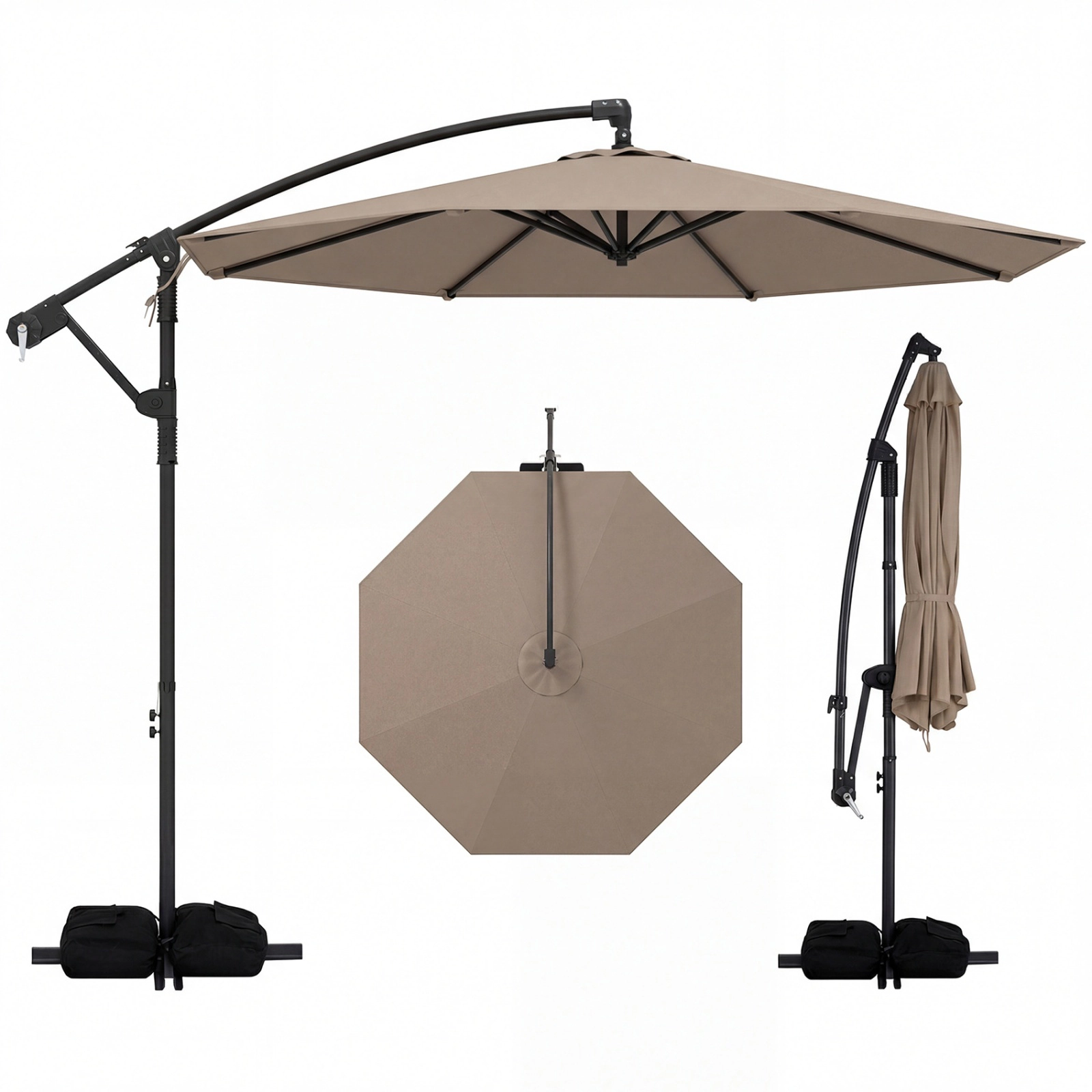 SUGIFT 10-ft Taupe Offset Cantilever Patio Umbrella with Base 220-lb Sandbags and Infinite Tilt for Deck