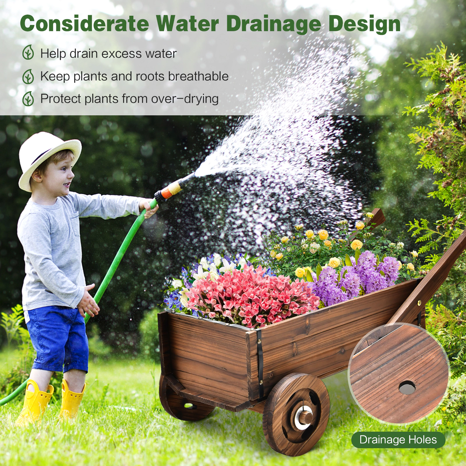 Slickblue Rustic Wooden Wagon Planter Box Rolling Flower Cart with Wheels