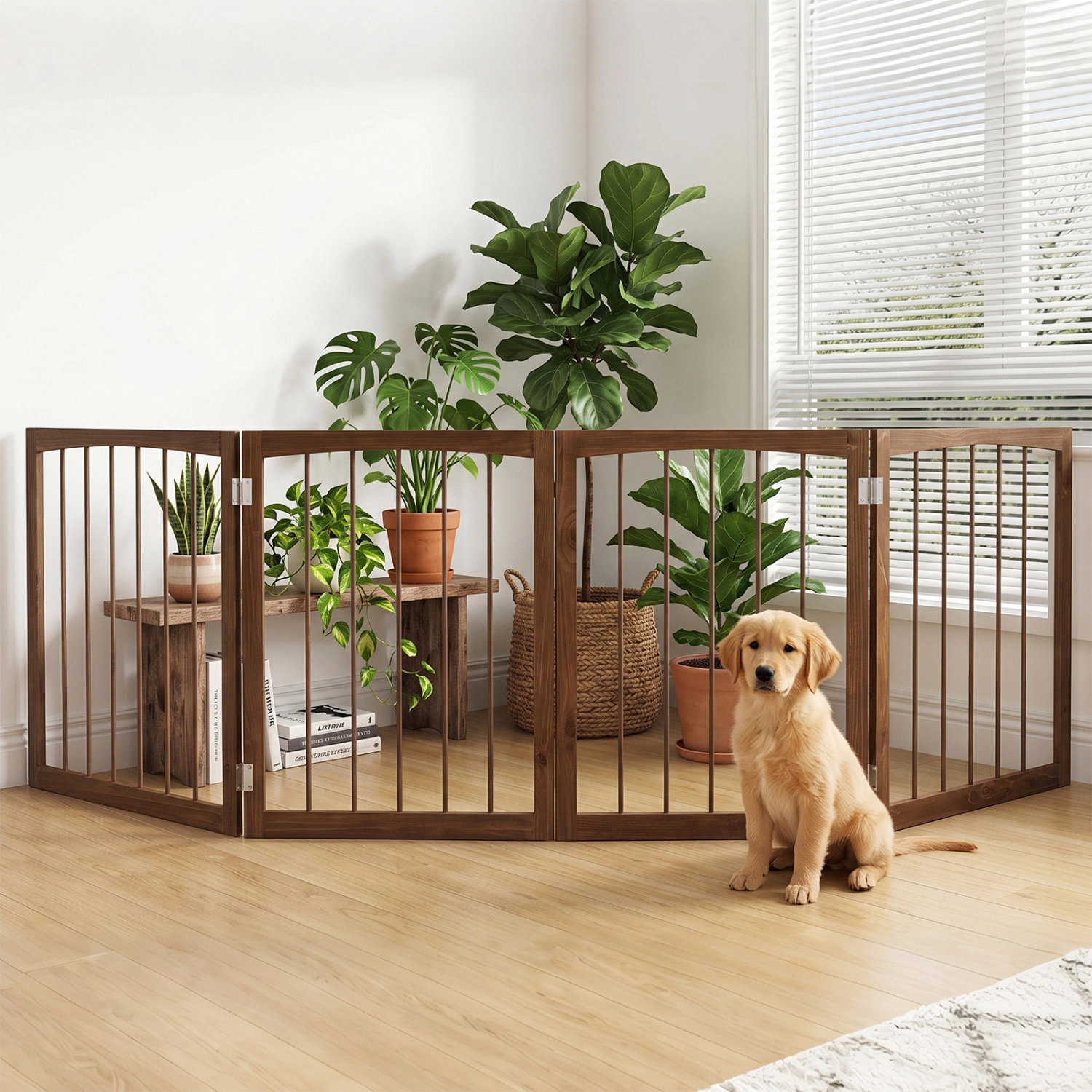 SUGIFT 4-Panel 83-in Wooden Freestanding Foldable Dog Gate Pet Fence and Indoor Room Divider for Puppies