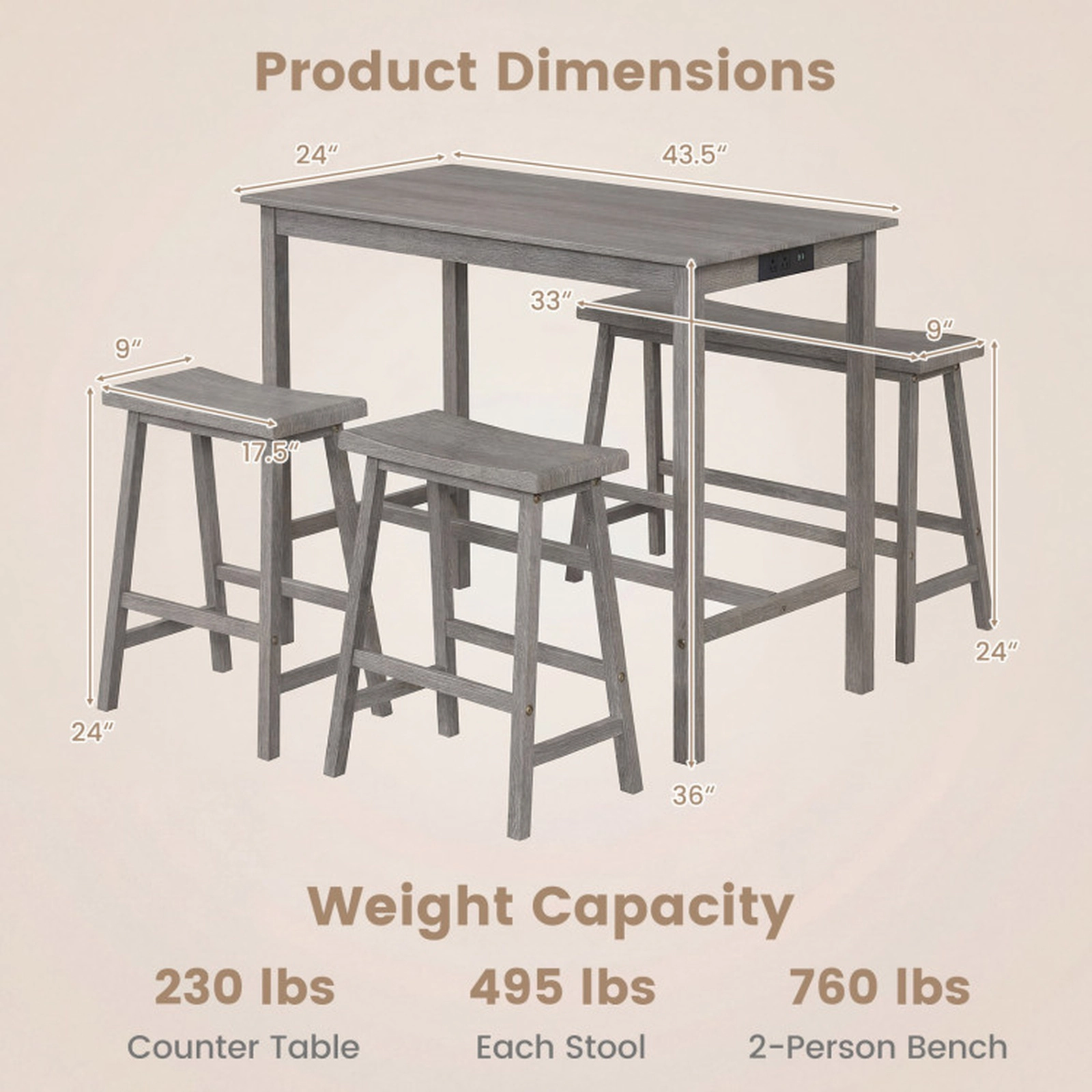 SUGIFT 4-Piece Gray Counter-Height Dining Set with Charging Outlet, Bench and 2 Stools
