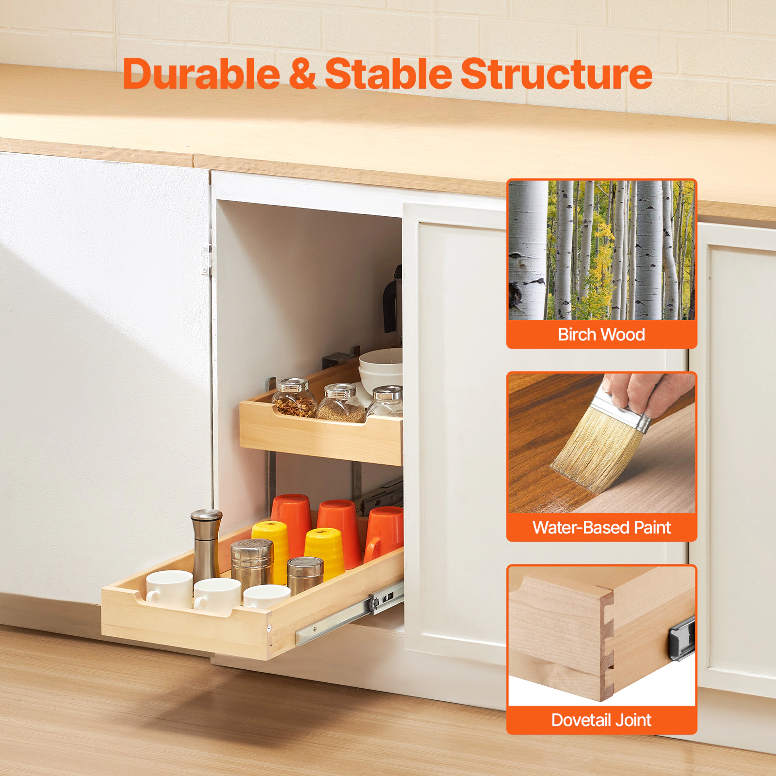 HONGGE 2 Tier Pull Out Cabinet Organizer Cabinet Drawer Soft Close Slide out Shelf Heavy-Duty Sliding Wood Drawer