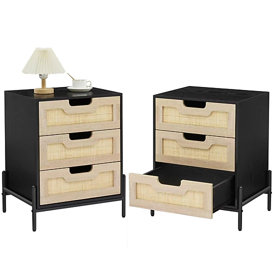 BebreezChic Set of 2, Modern Bedside Table with 3 Natural Wicker Drawers and Shelves for Bedroom and Living Room