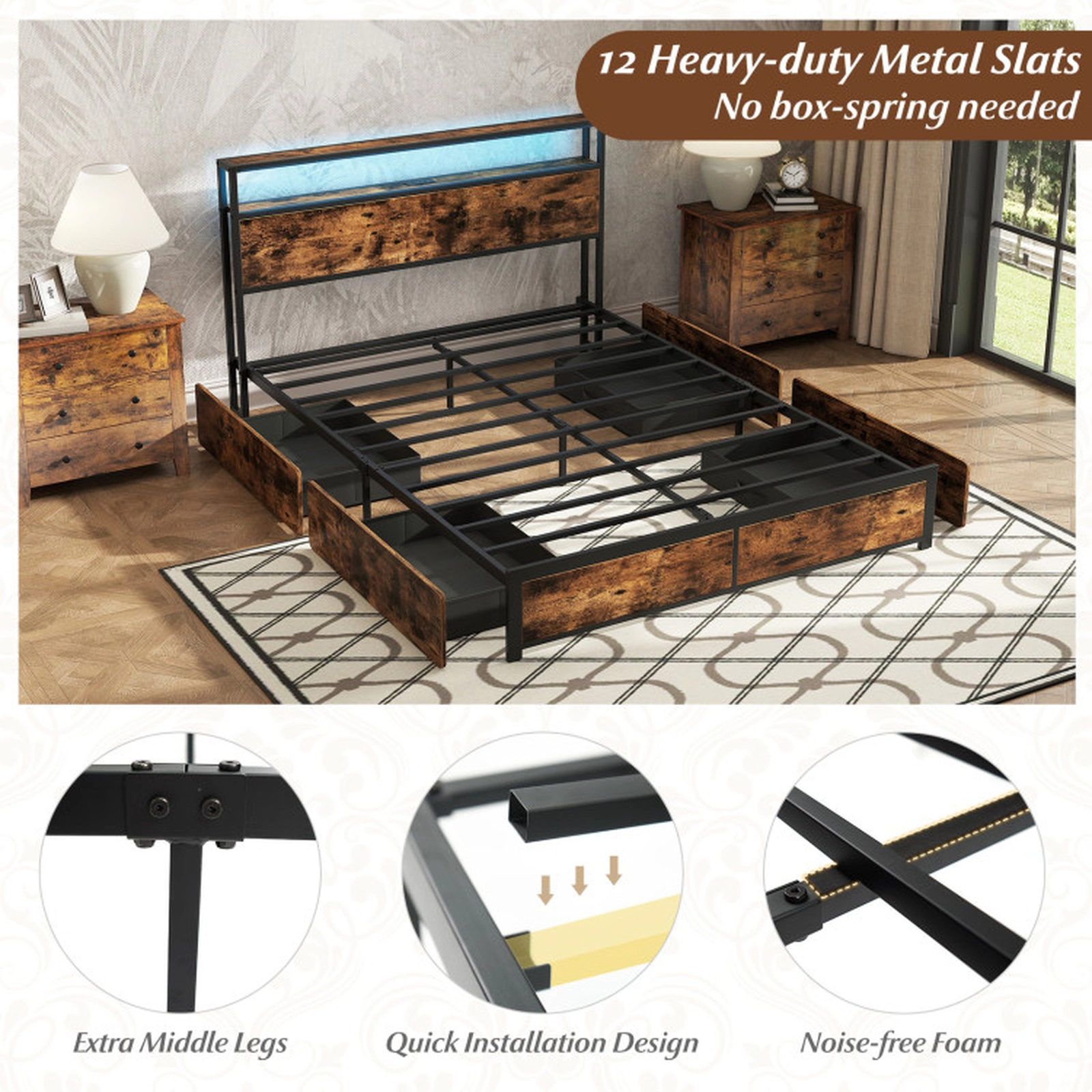 SUGIFT Full/Queen Size LED Bed Frame with Charging Station and 4 Storage Drawers 1100-lb Capacity Rustic Brown + Black