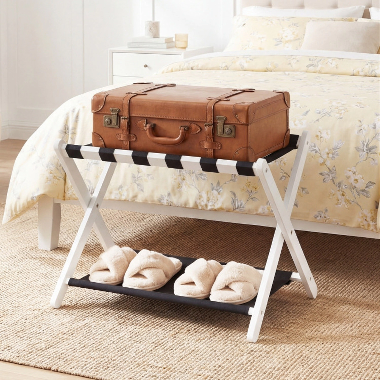 SUGIFT Solid Rubberwood Folding Luggage Rack with Nylon Shelves 110-lb Upper Layer and 22-lb Bottom Capacity White