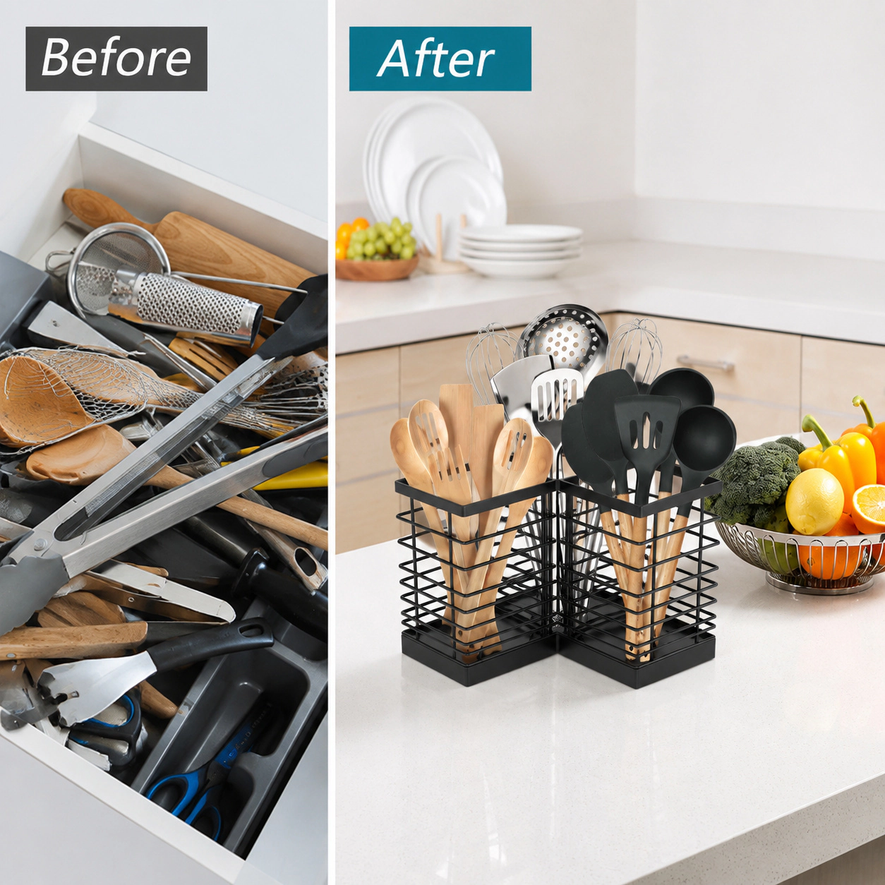 WZK Farmhouse Metal Wall Mount Removable Divider Kitchen Utensil Holder