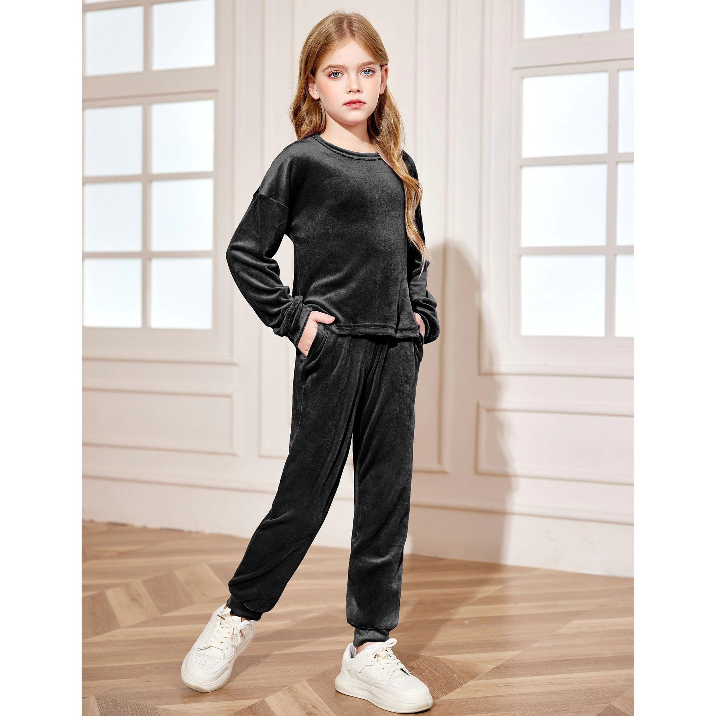 Arshiner Girls Soft Velour Crew Neck Long Sleeve 2-Piece Tracksuit Jogger Outfit Set