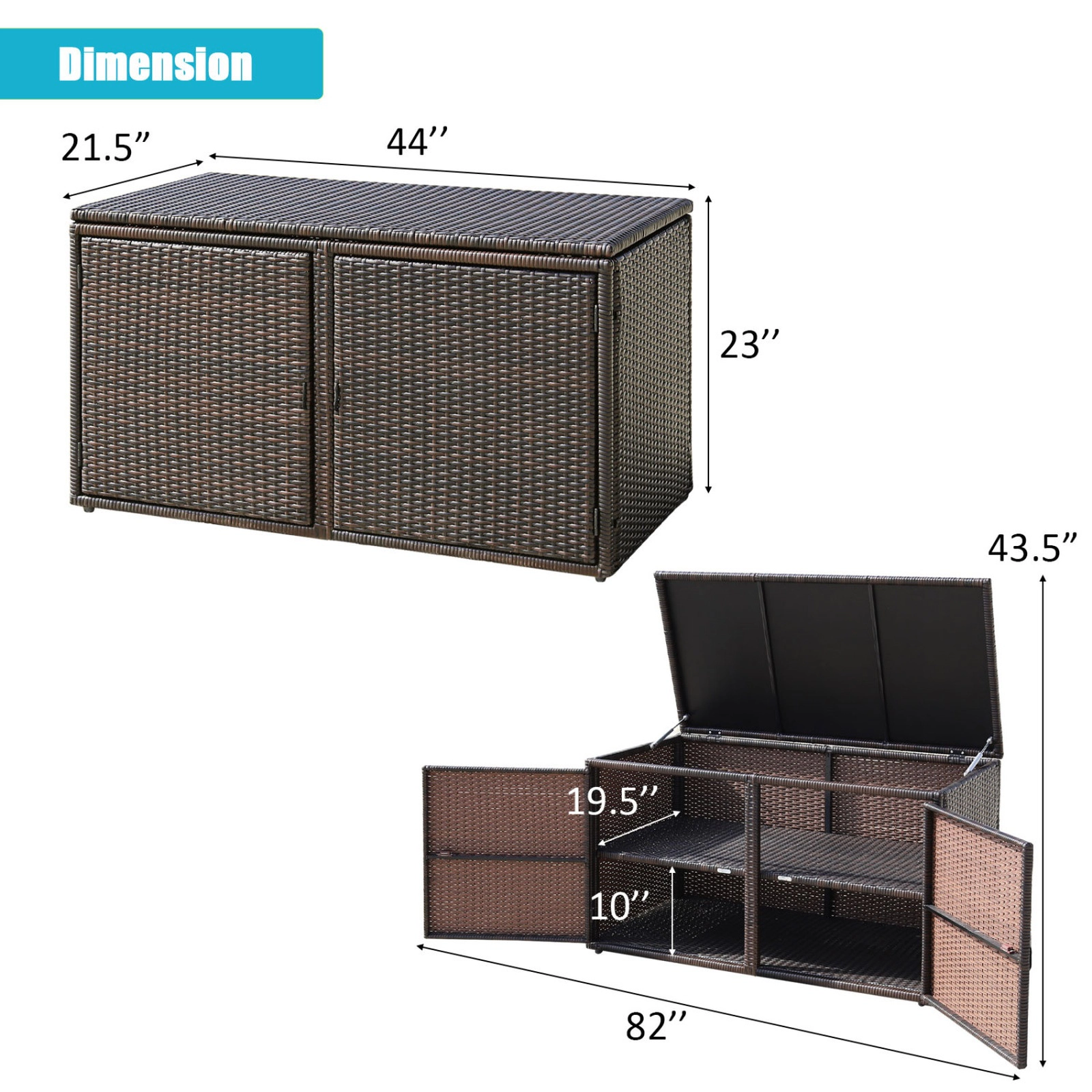 SUGIFT 88-Gallon 2-Shelf PE Rattan Steel Frame Garden Patio Storage Box 45-in x 23.5-in x 25.5-in 110-lb Shelf Brown