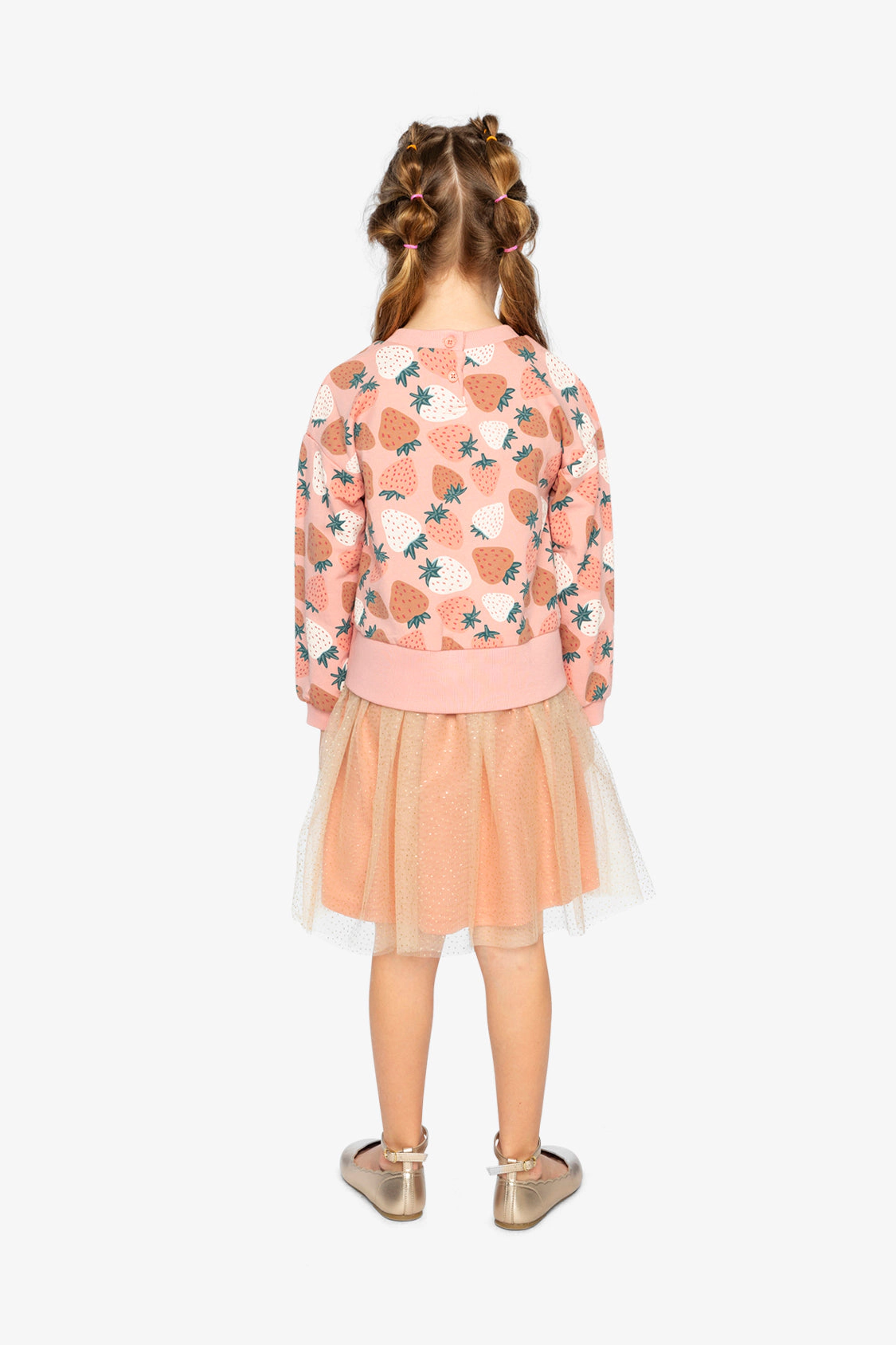 Deux par Girls Strawberry Print Sparkle Mesh Bi-Material Dress