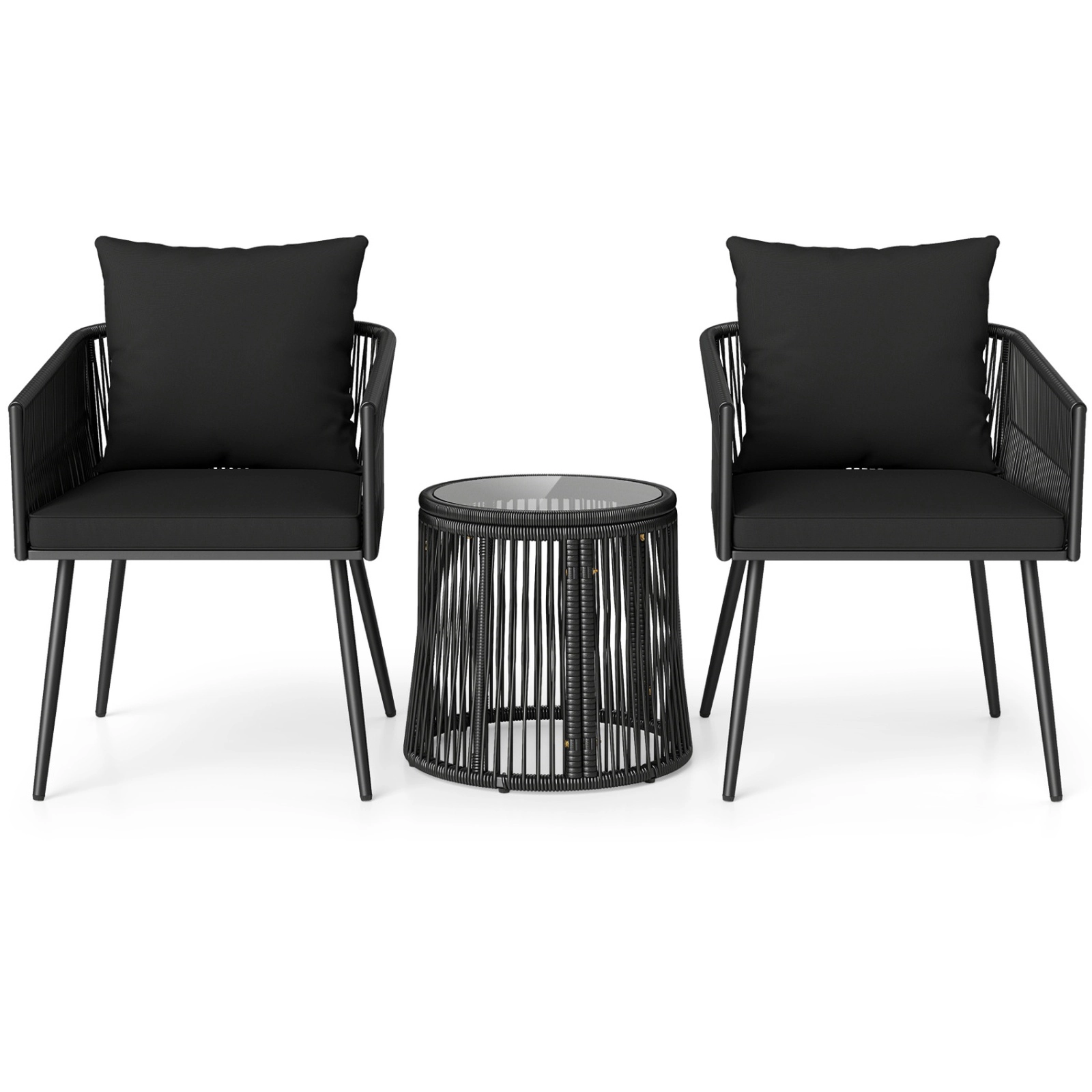 SUGIFT Side Table and Cushions 3-Piece Black Round Wicker Patio Chair Set