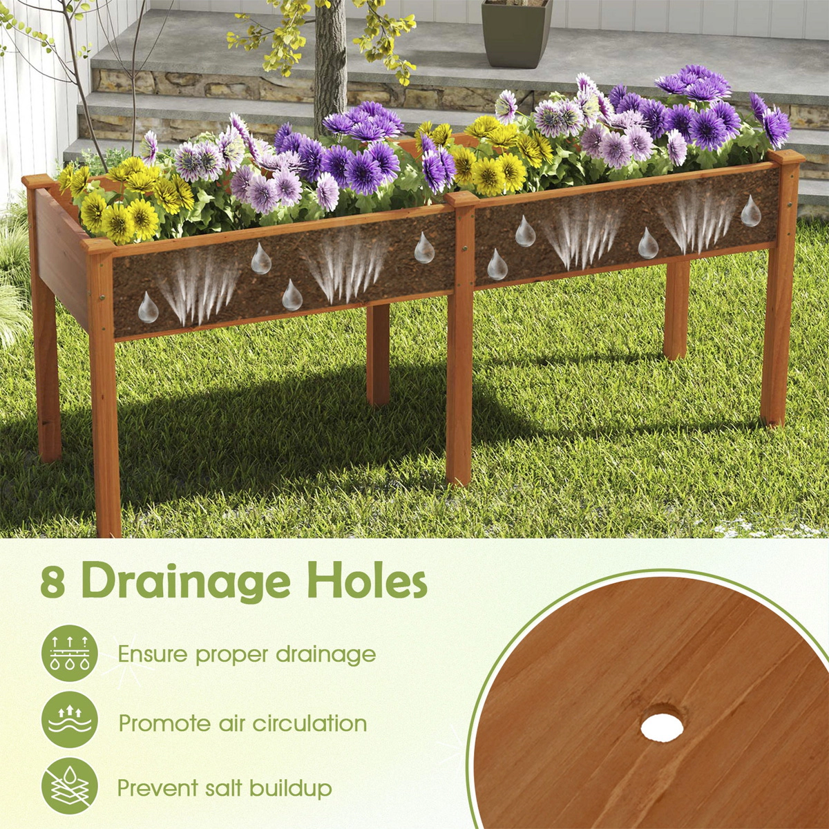 SUGIFT Fir Wood Outdoor Raised Garden Bed with Divider Panel and Drainage Holes 330-lb Capacity Brown/Natural