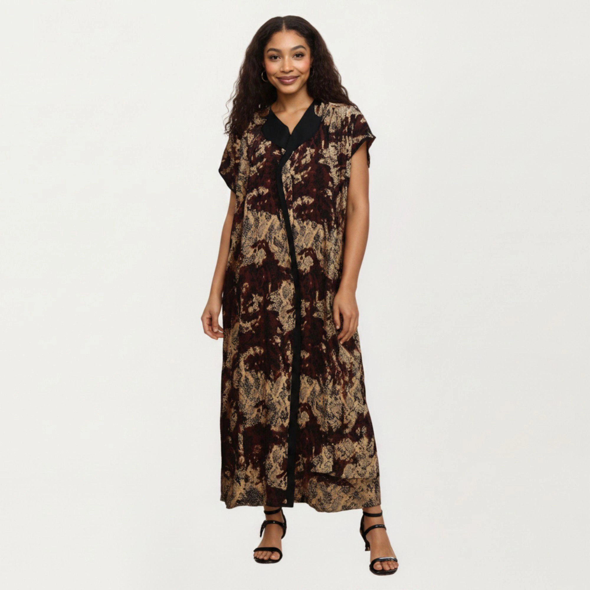 Anna-Kaci Women's Abstract Print Maxi Kaftan Dress with Contrast Trim and Relaxed Flowy Silhouette