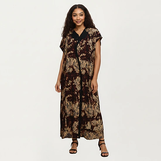 Anna-Kaci Women's Abstract Print Maxi Kaftan Dress with Contrast Trim and Relaxed Flowy Silhouette