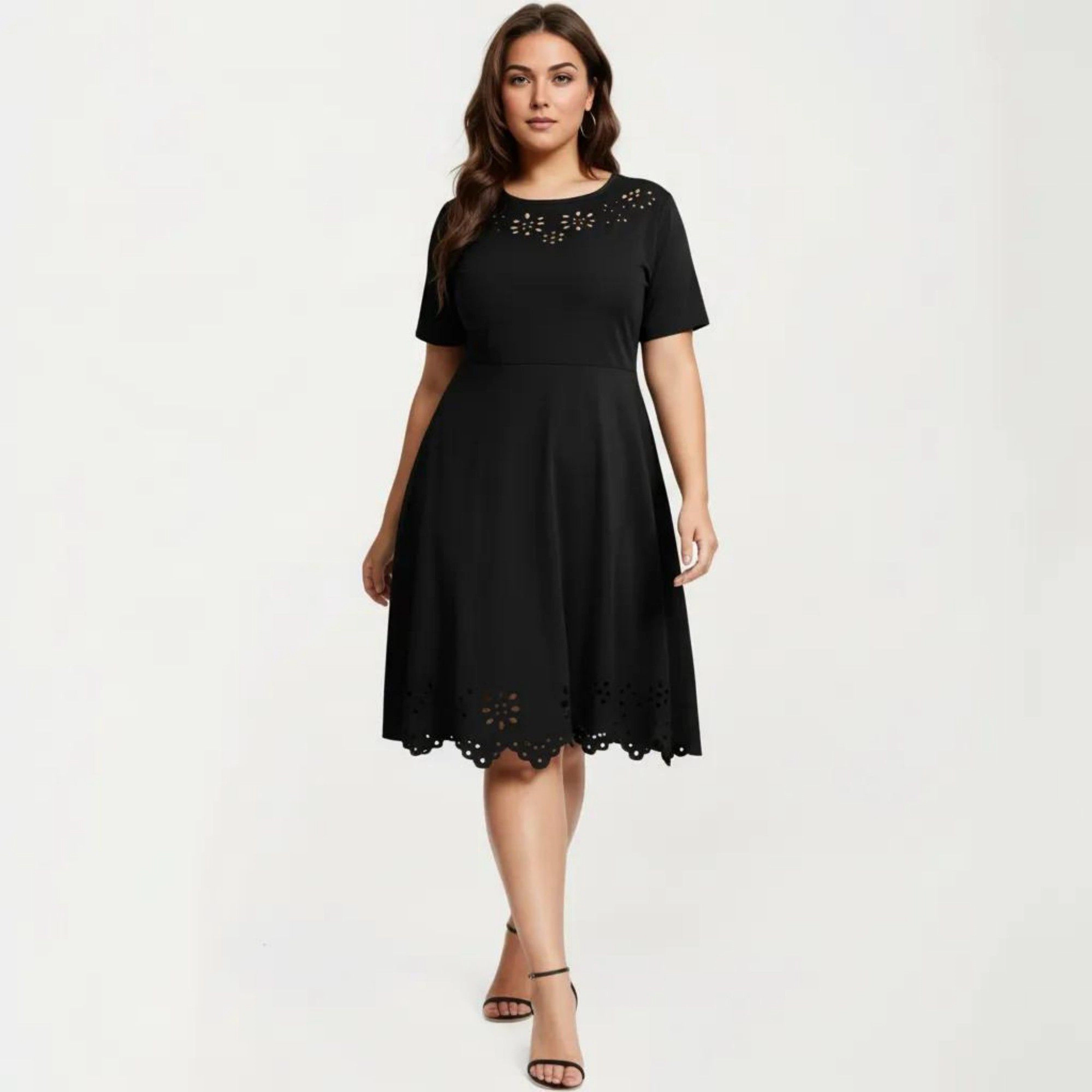 Anna-Kaci Women's Short Sleeve Laser Cut Detail Round Neck A Line Fit Flare Casual Midi Dress
