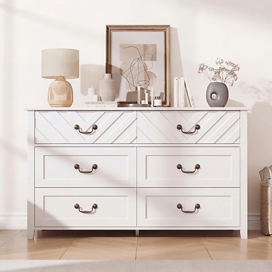 BebreezChic 6 Drawer Dresser with 3D v-Shape Front for Living Room, Nursery, Entryway White