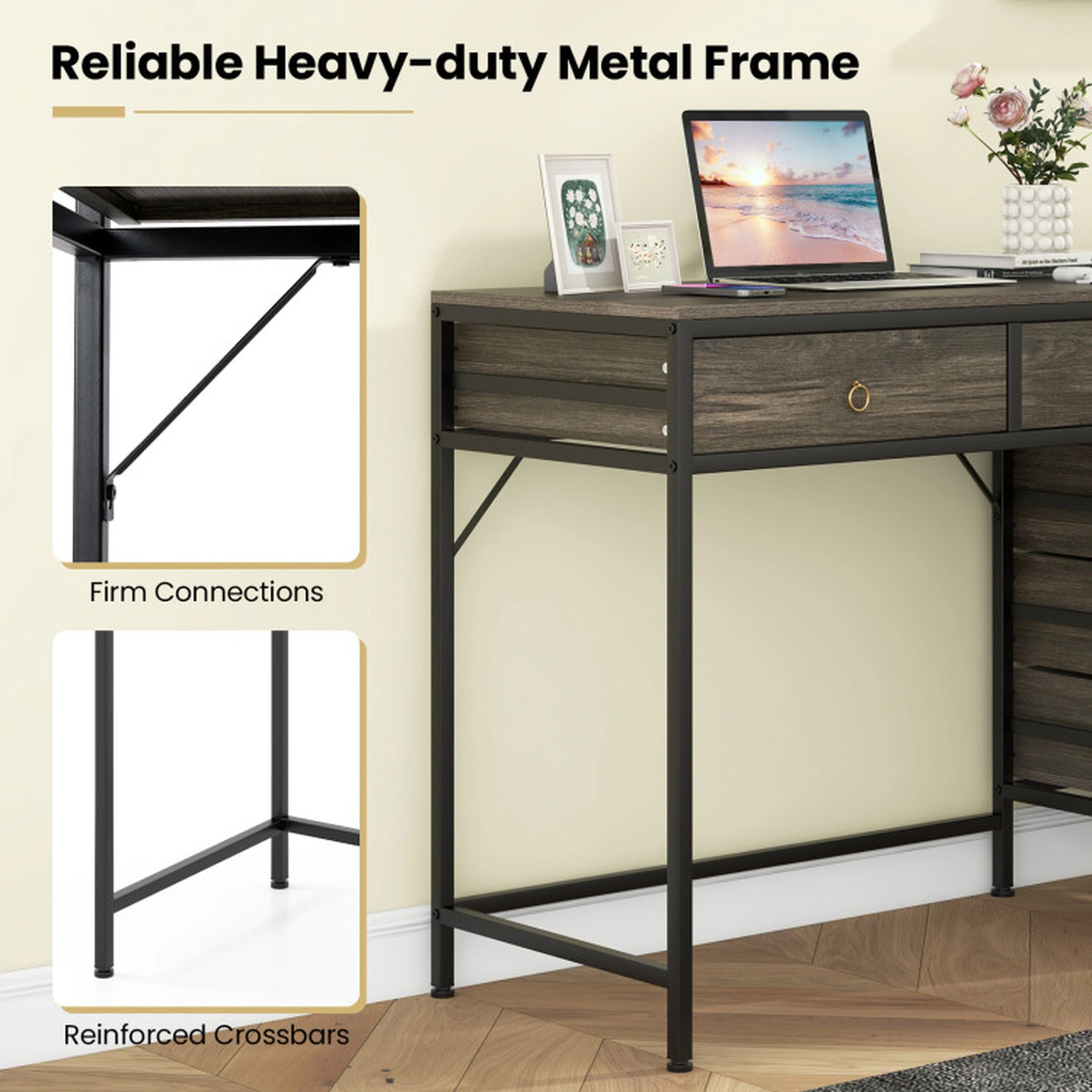 SUGIFT 51-in Computer Desk with 5 Drawers and Side File Cabinet 380-lb Capacity Home Office Desk Gray & Black