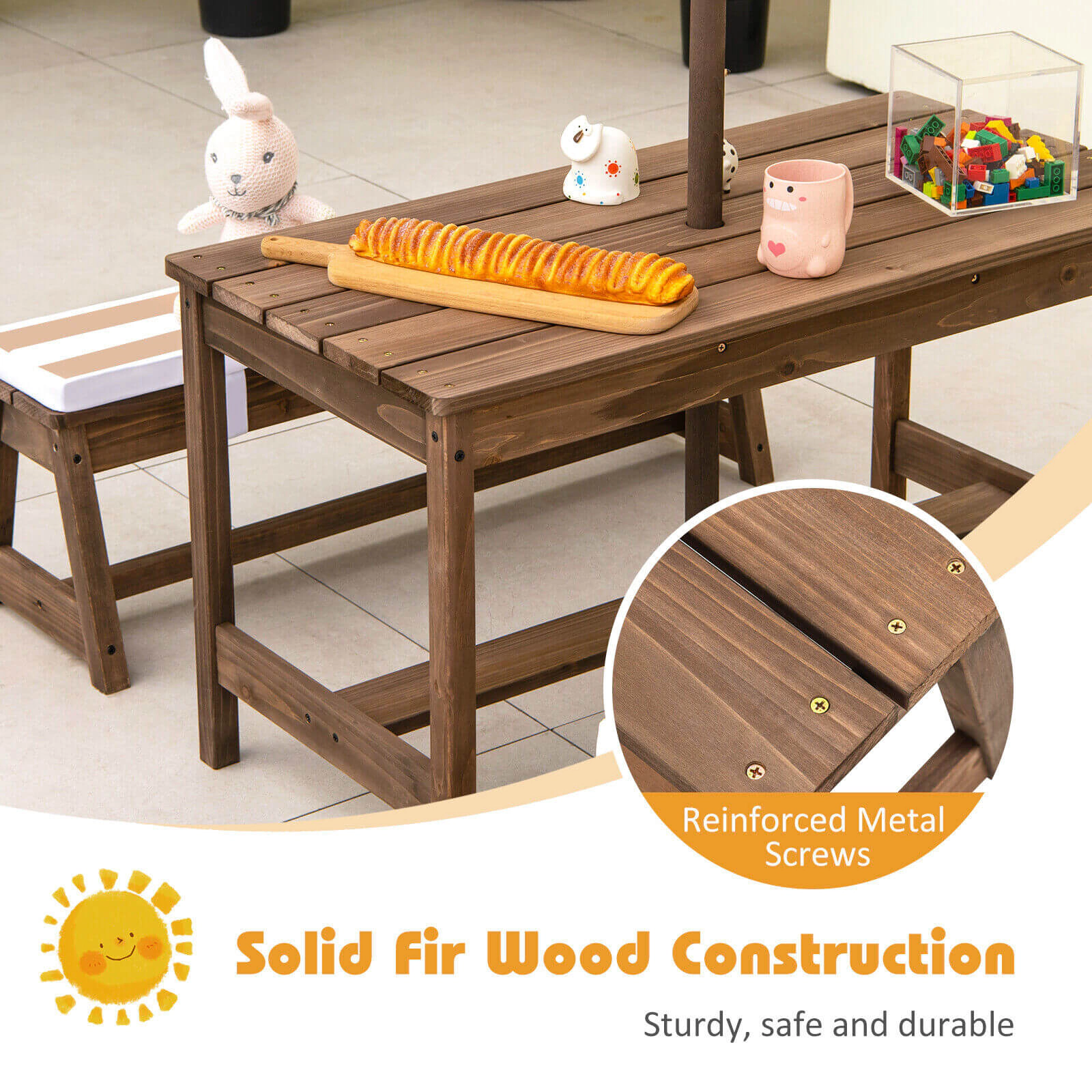 SUGIFT Brown Padded Cushions and Adjustable Umbrella Kids Fir Wood Picnic Table and Bench Set