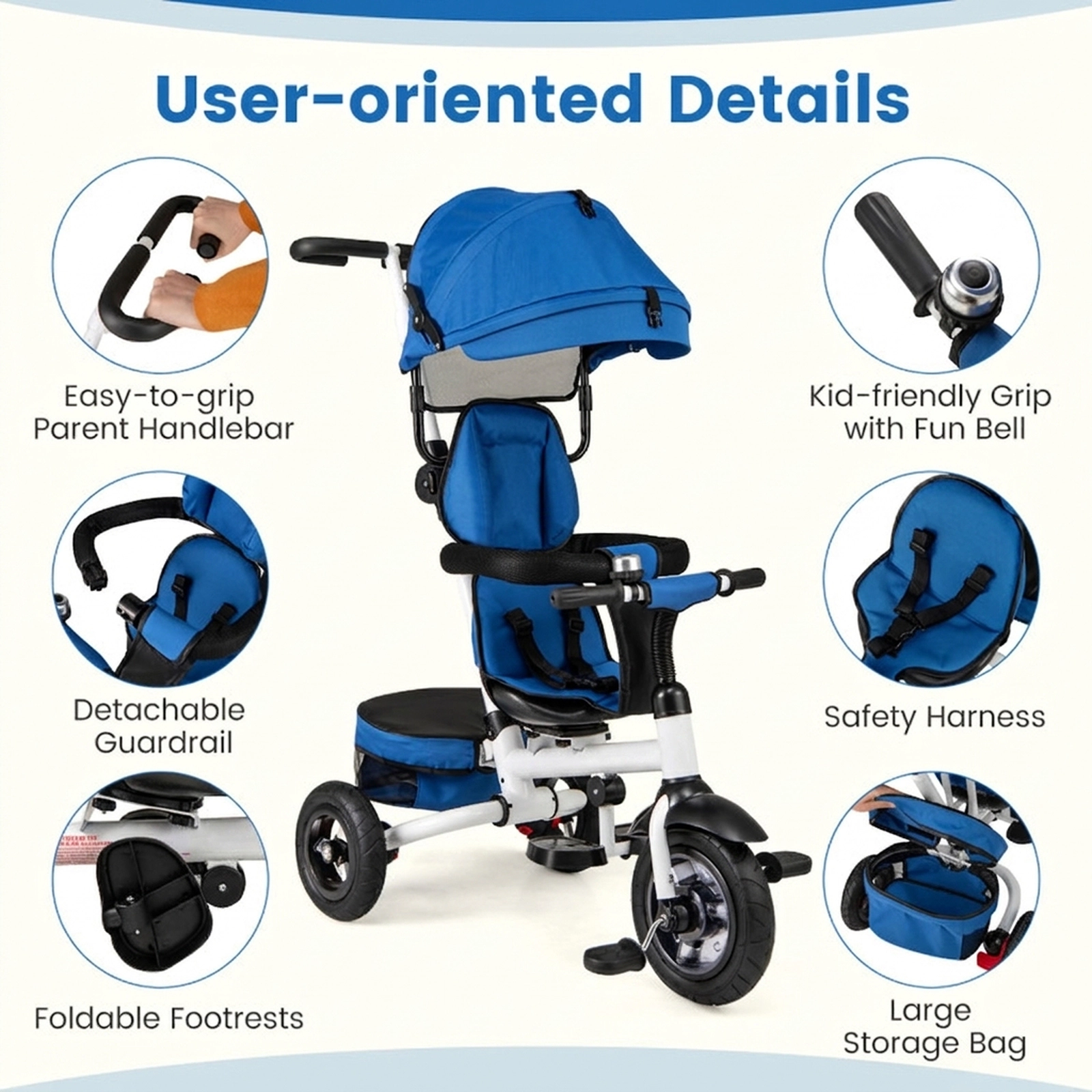 SUGIFT Folding Tricycle Baby Stroller with Reversible Seat and Adjustable Canopy 55-lb Capacity Ages 1-5 Blue