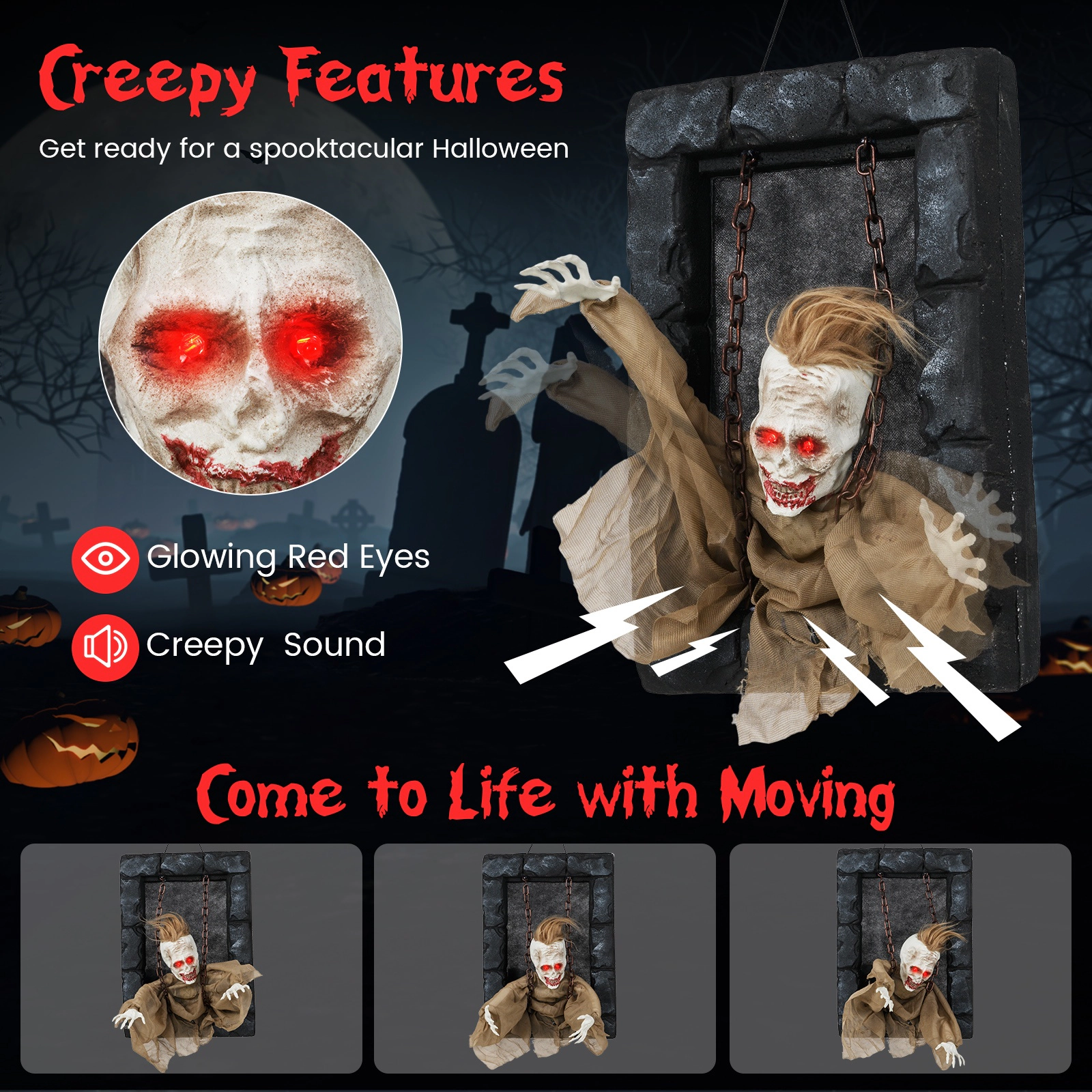 SUGIFT 18-in x 12.5-in Sound-Activated Red LED Eyes Hanging Halloween Zombie Prisoner Decor 3-in Frame 1-lb