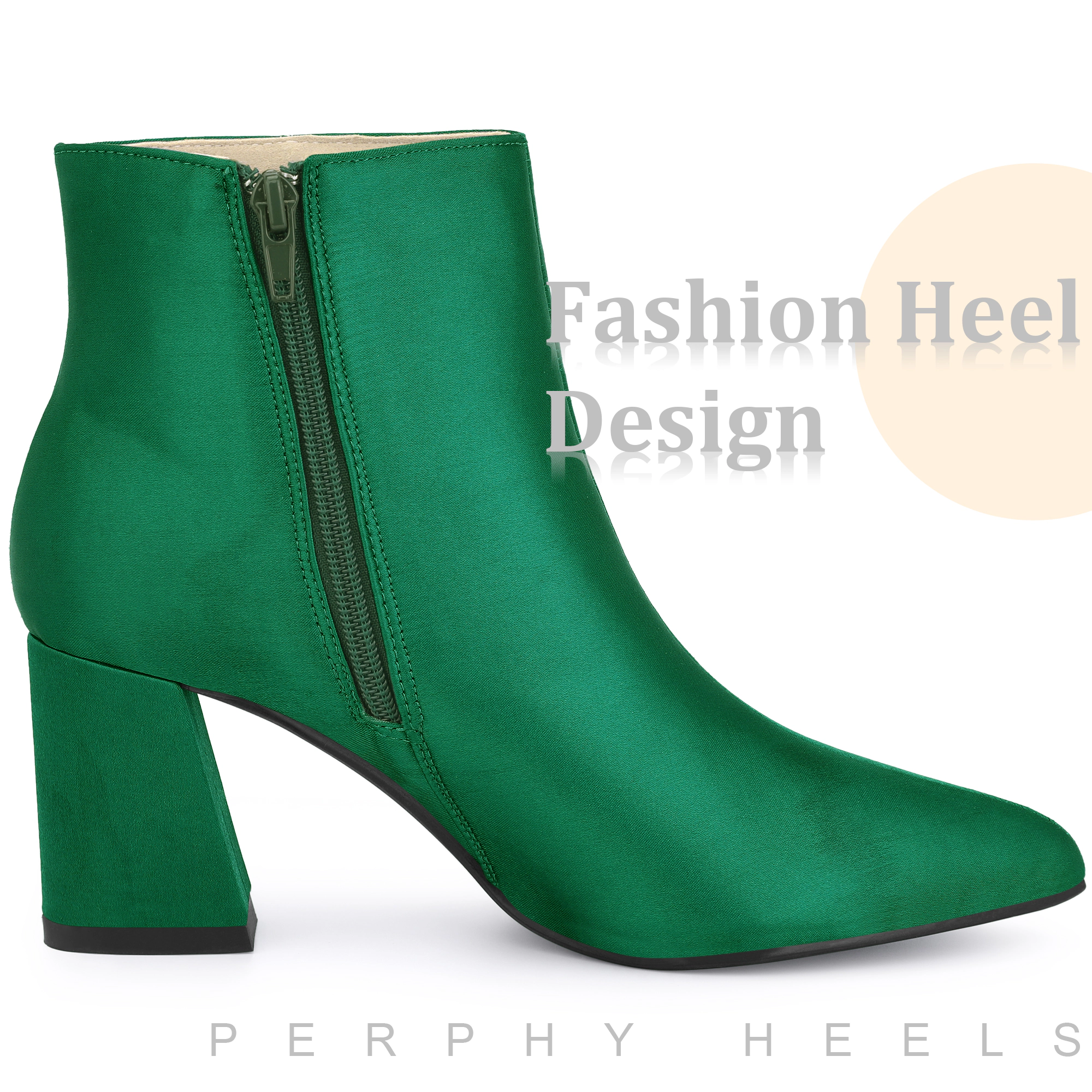 BLISSFUL STEP Women Satin Pointed Toe Chunky Heel Ankle Boots Party