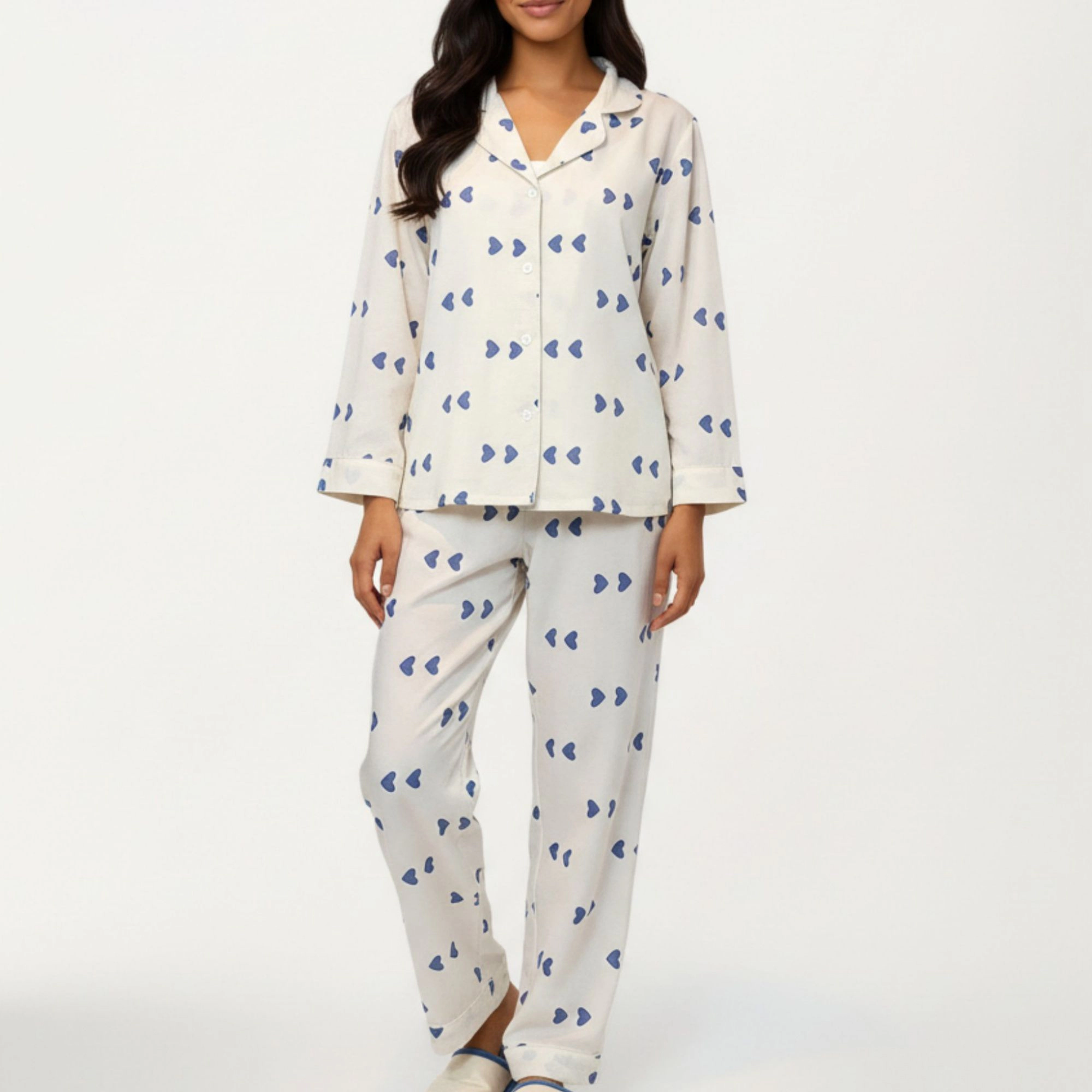 Anna-Kaci Women's 2-Piece Valentine Heart Print Button Front Pajama Top Relaxed Long Sleeves and Elastic Waist Pants