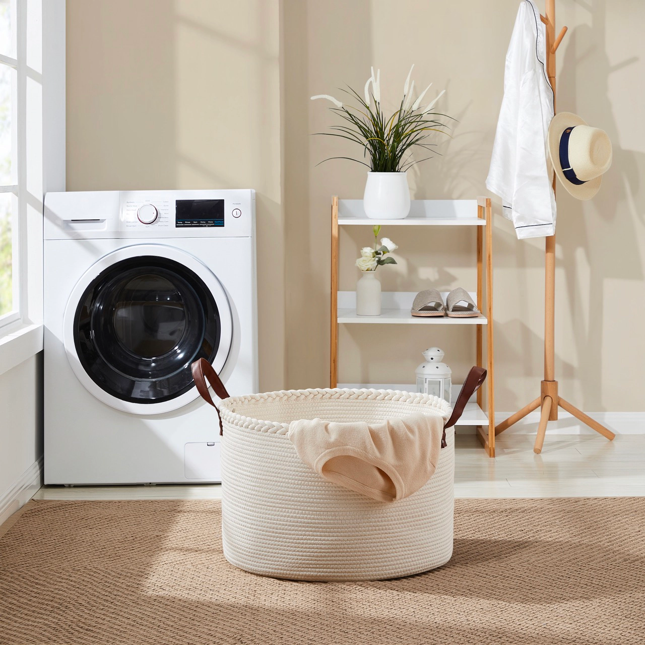 Ornavo Home Extra Large Round Cotton Rope Storage Basket Laundry Hamper with Leather Handles