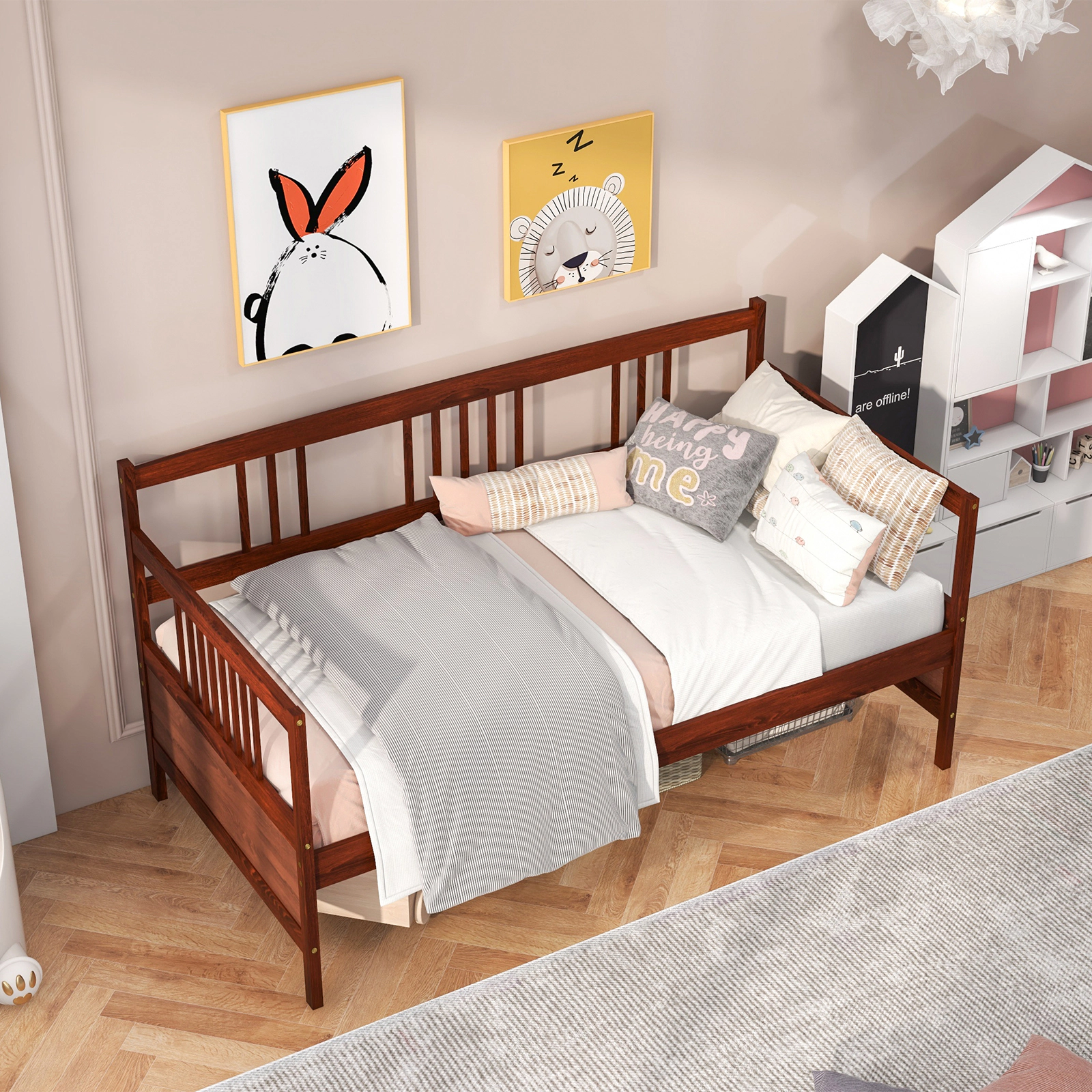 Twin Size Cherry Wood Daybed Frame with Back and Arm Rails Pine Sofa Bed with 10 Slats Fits Optional Pull-Out Trundle