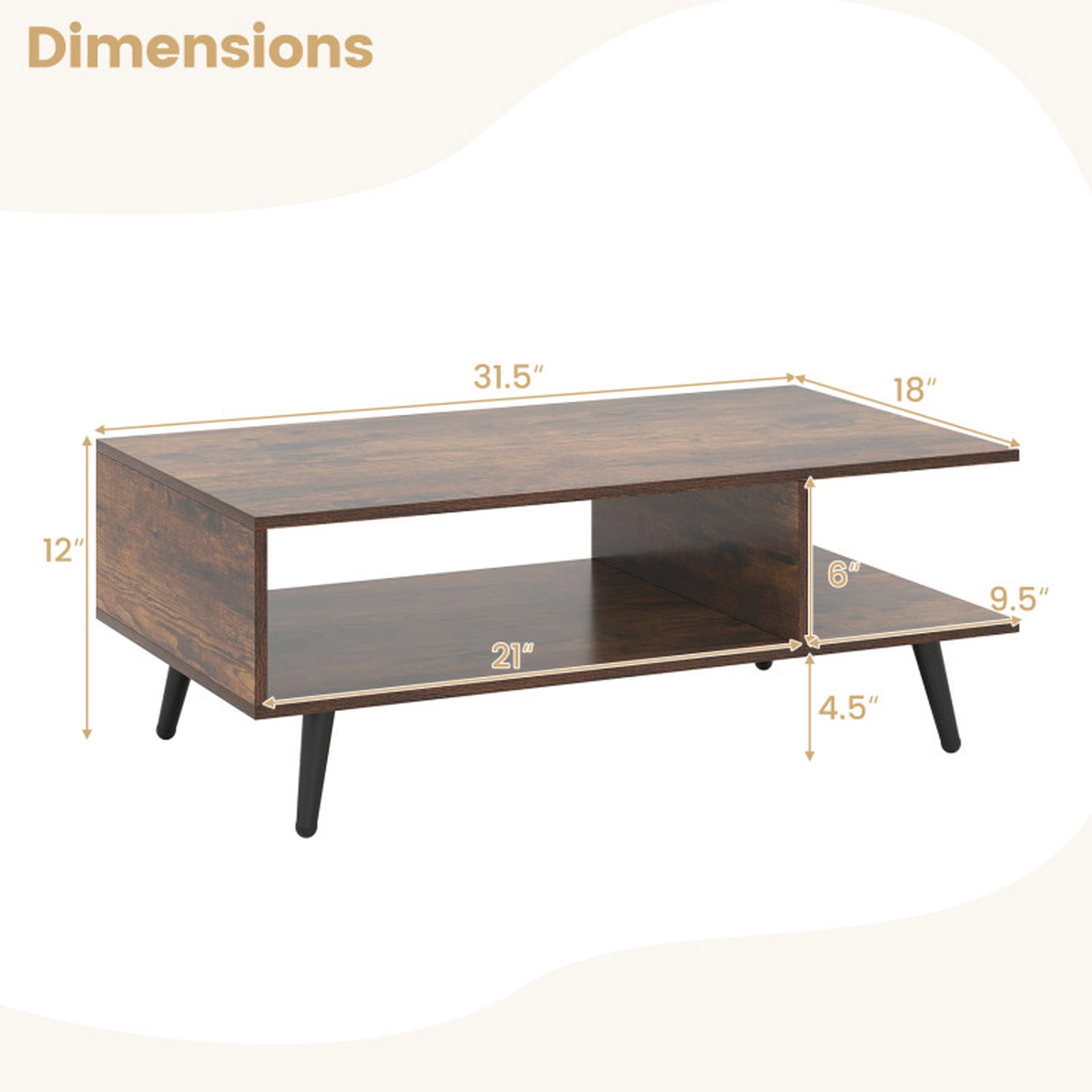 SUGIFT 2-Tier Open Compartments Tapered Metal Legs Coffee Table 31.5-in x 18-in x 12-in 110-lb Capacity Rustic Brown