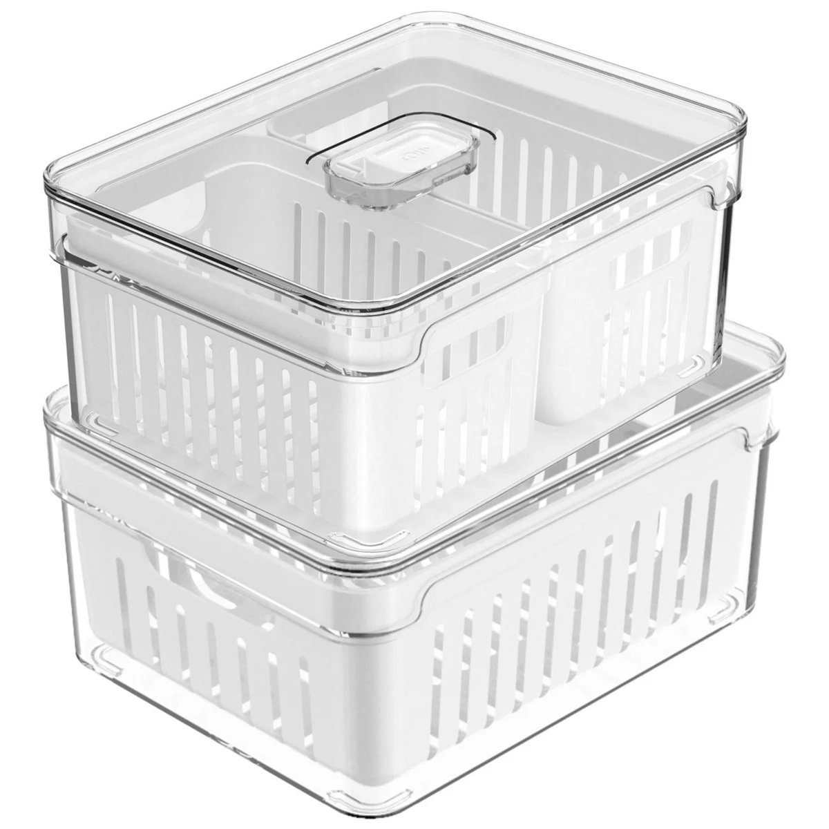OU Fridge Organizer Bins w/ Drain Baskets & Vented Lids, Clear Stackable Storage Container BPA Free 2 Pack (2.3qt Each)