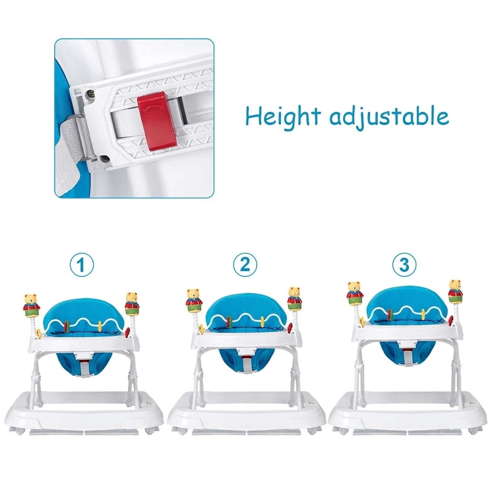 Adjustable Height Folding Baby Walker with Safety Belt 6 Non-Slip Pads Large Bottom Bumper Blue
