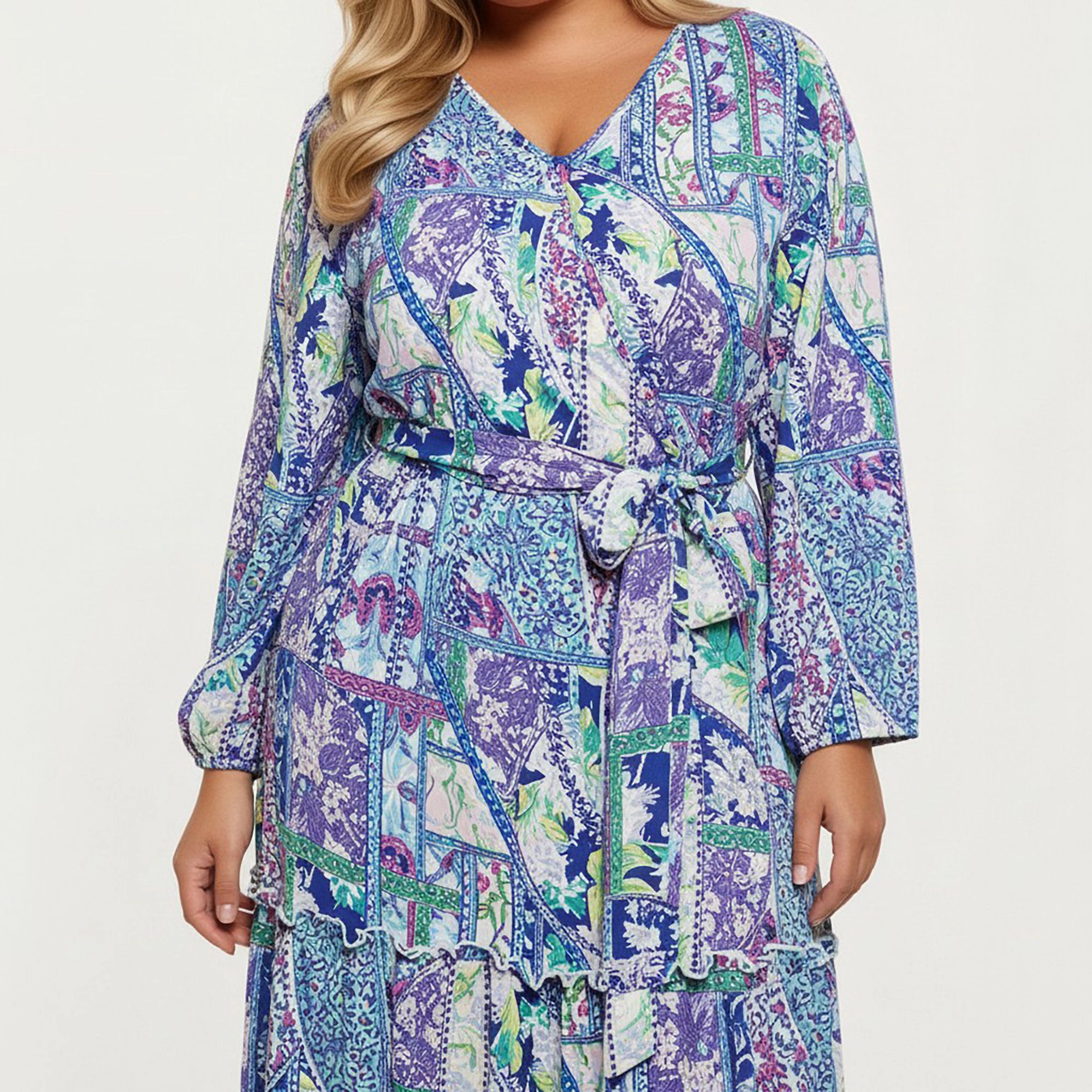 Anna-Kaci Women's Plus Patchwork Print Long Sleeve V Neck Waist Tie Tiered Skirt Maxi Dress