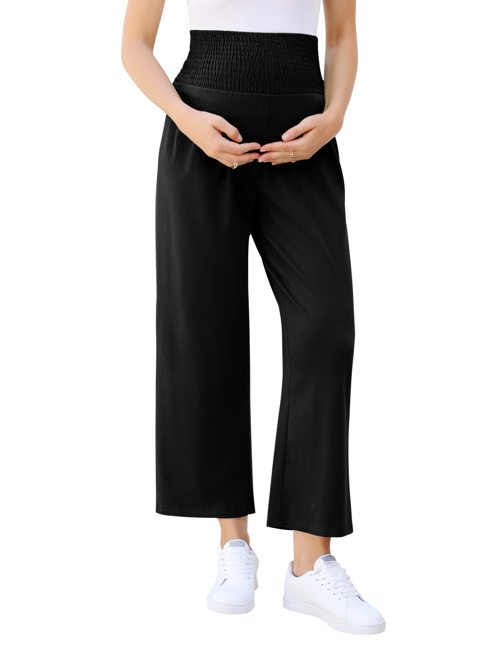 KOJOOIN Women Maternity Wide Leg Smocked High Waist Over Belly Pregnancy Trousers Capri Pants