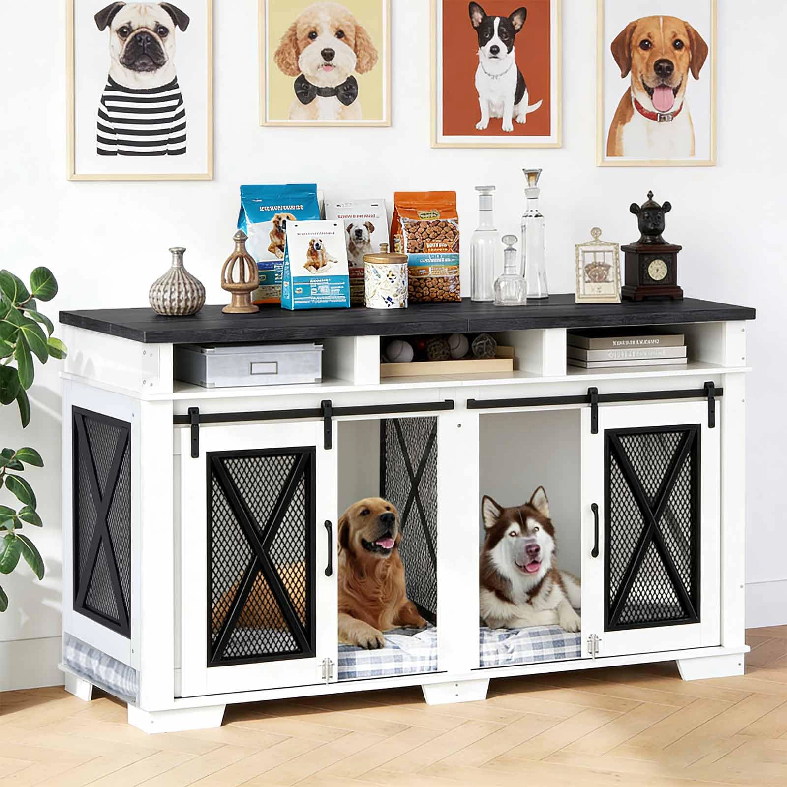 71" Double Dog Crate Furniture, Heavy Duty Wood & Metal Kennel with Divider & Sliding Door, TV Stand