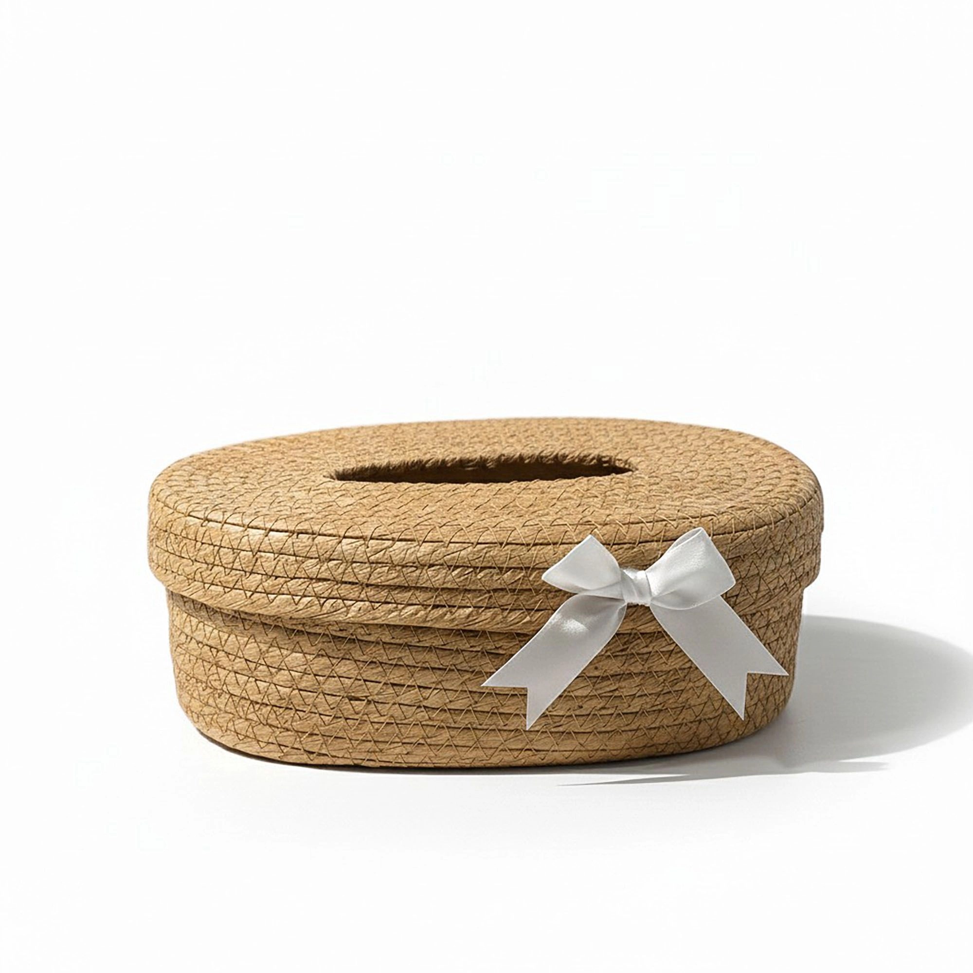 Alilang Unisex Woven Oval Storage Basket with Lid Tissue Opening Decorative Rope Design and Bow Accent