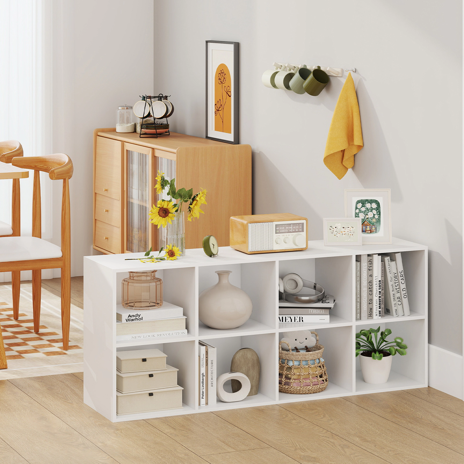 SUGIFT 8-Cube White 48-in Wide Cube Storage Organizer Bookshelf with 180-lb Top and 2 Anti-Tipping Kits