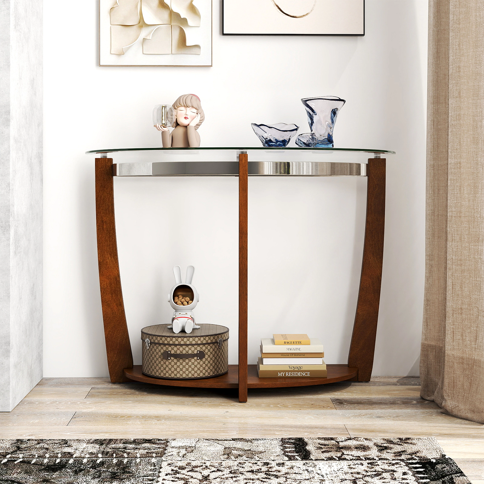 Glintex Half-Moon Tempered Glass Console Table with 300-Lb Top and Birch Veneer Shelf