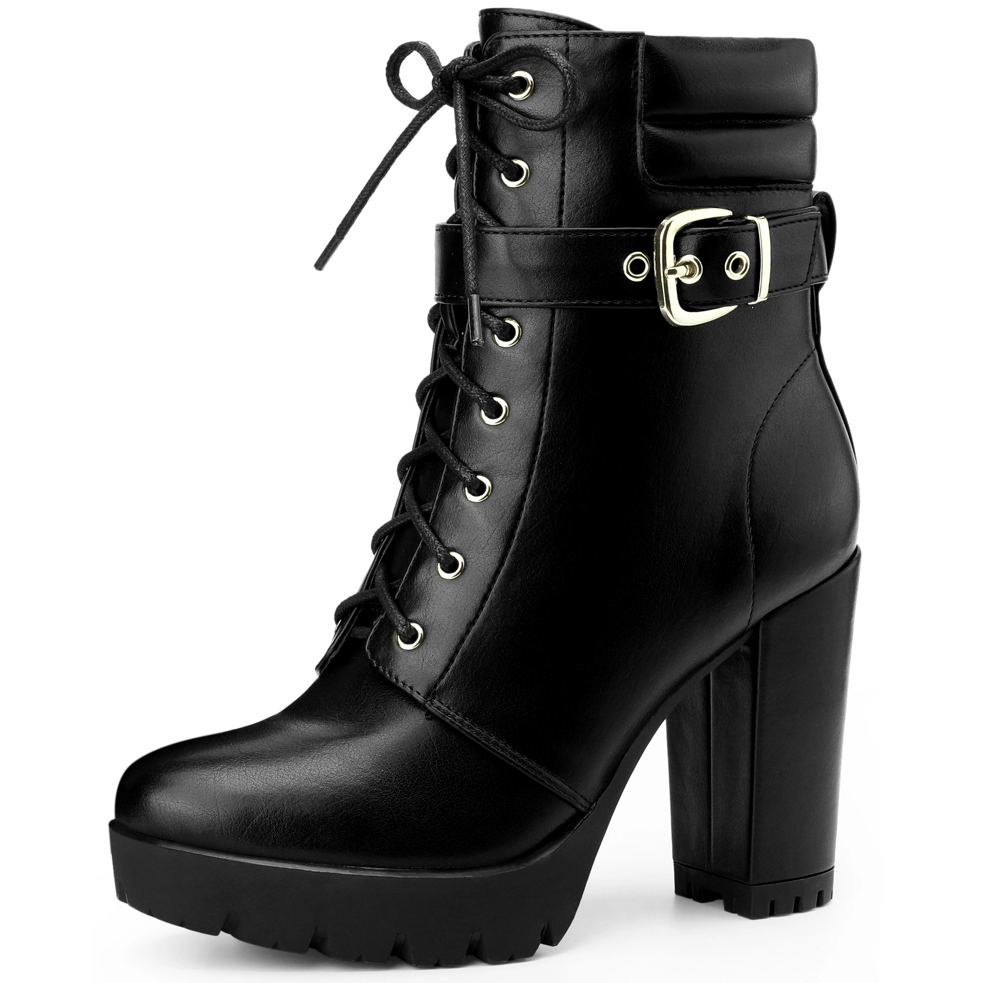 BLISSFUL STEP Women's Platform Lace Up Chunky Heel Buckle Ankle Combat Boots