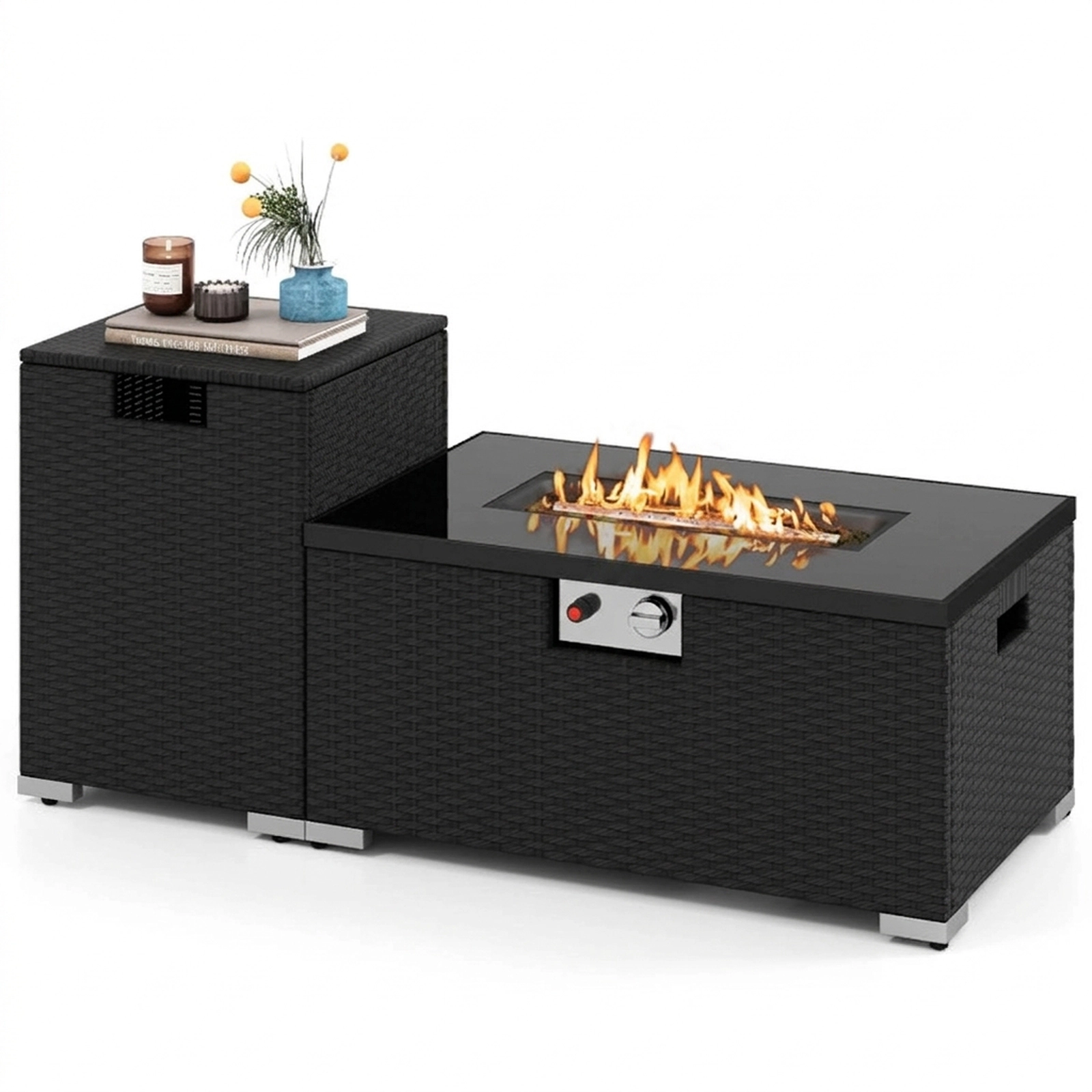 SUGIFT 2-Piece Rattan Gas Fire Pit Table Set 32-in Rectangle 265-lb Capacity with Tank Cover Black Tempered Glass Top